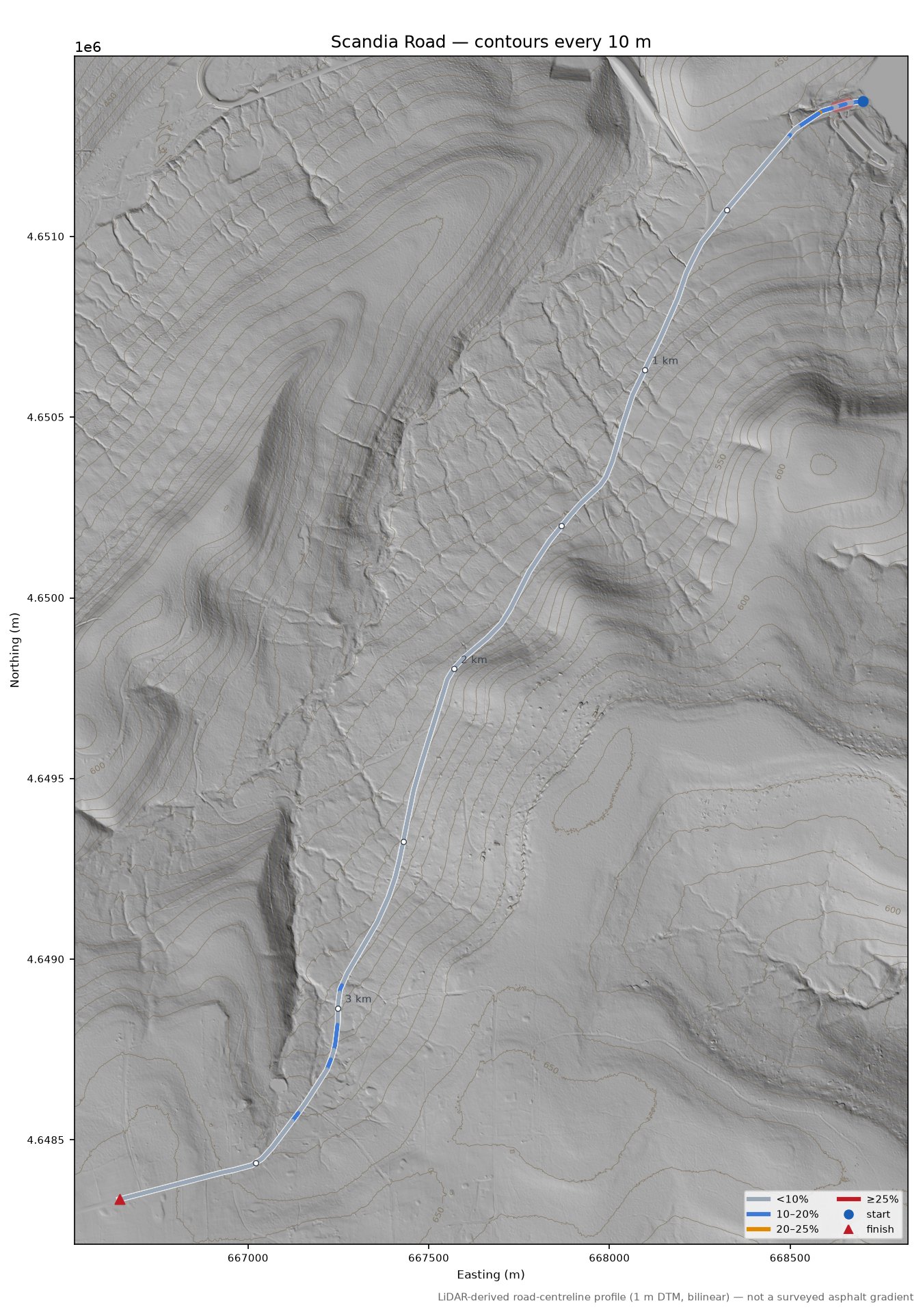 Scandia Road LiDAR hillshade map with contours
