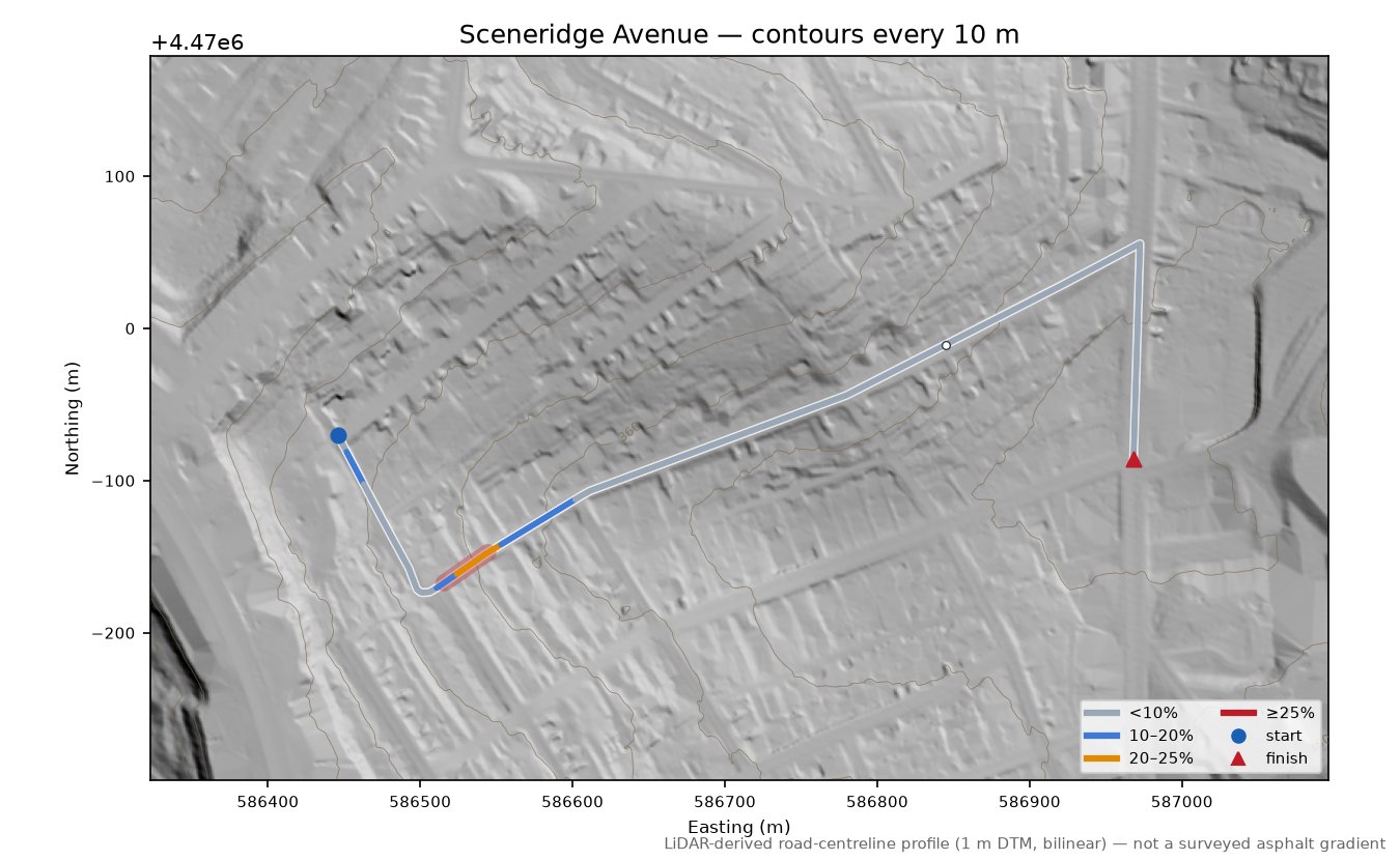 Sceneridge Avenue LiDAR hillshade map with contours