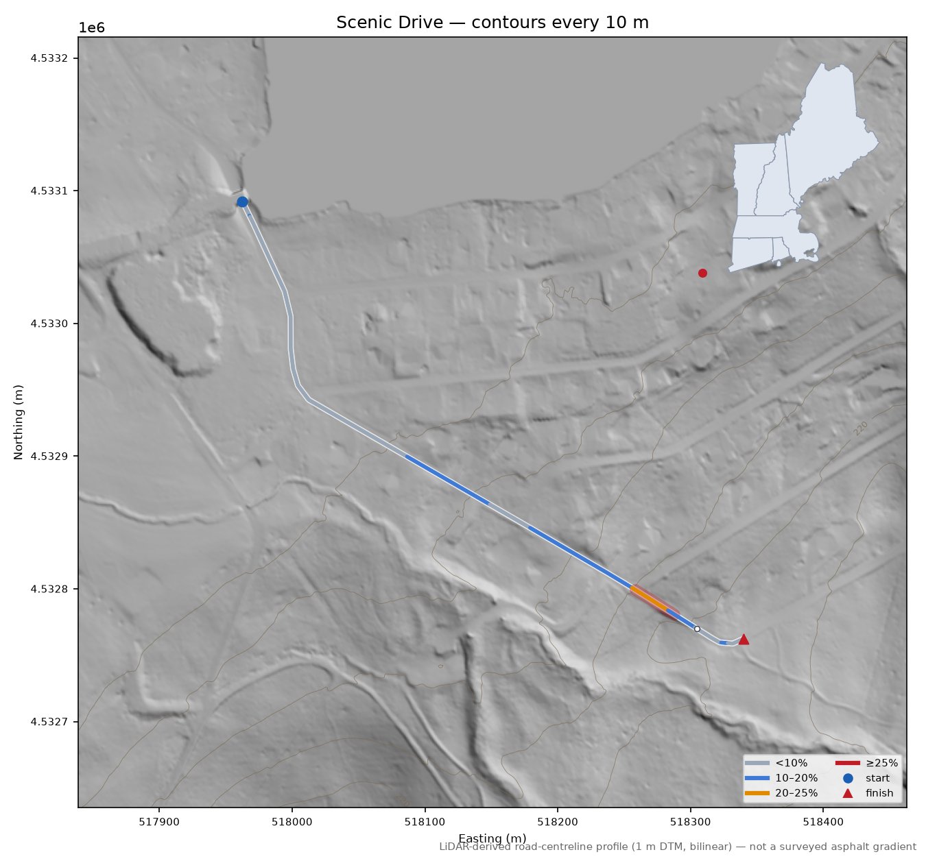 Scenic Drive LiDAR hillshade map with contours
