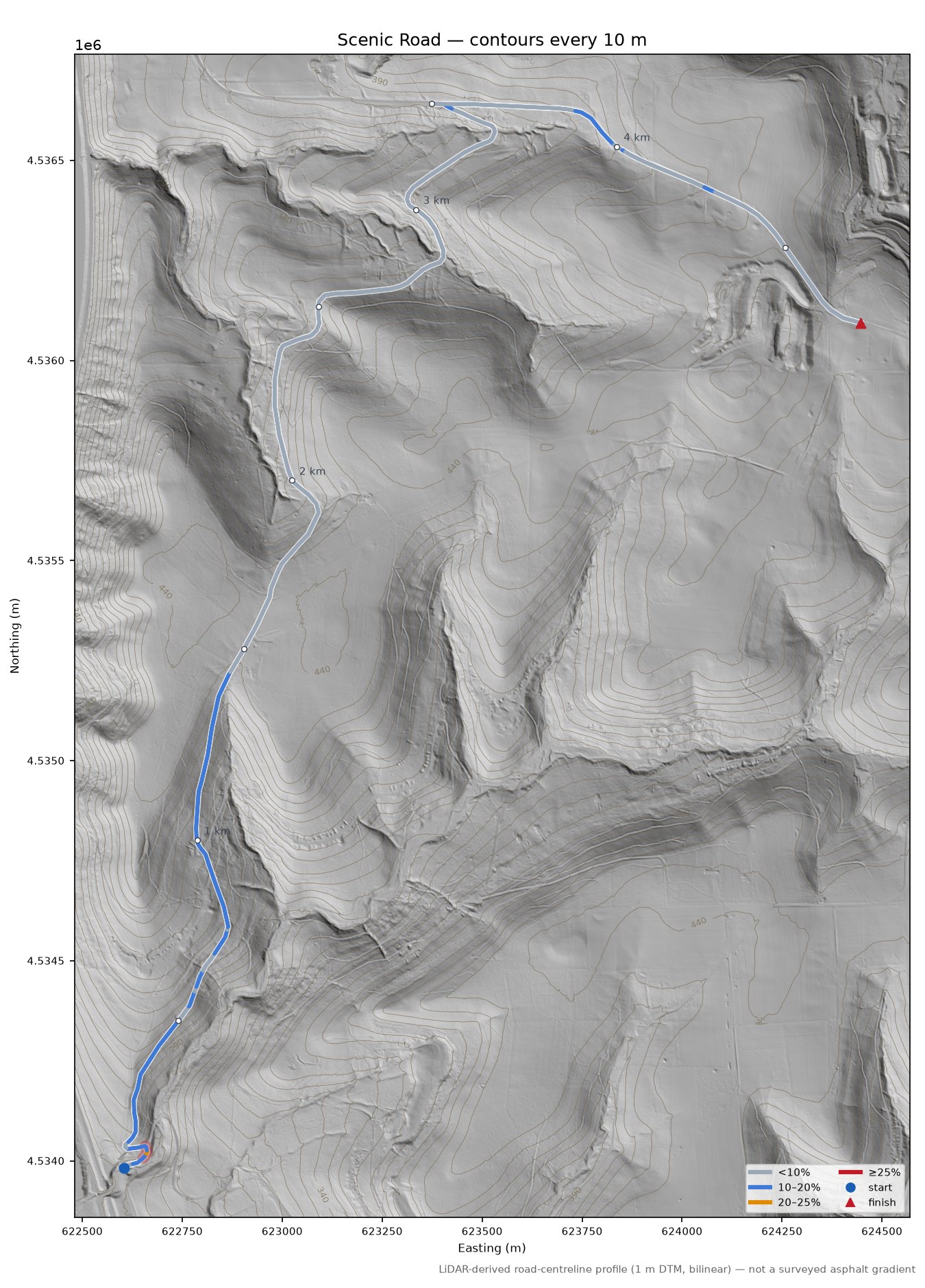 Scenic Road LiDAR hillshade map with contours