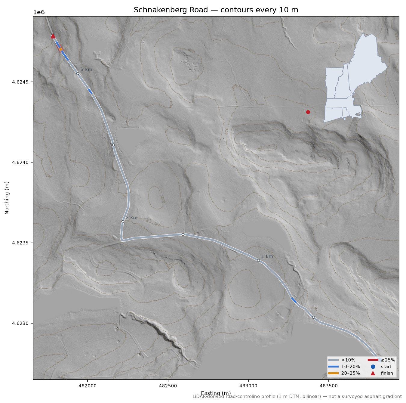 Schnakenberg Road LiDAR hillshade map with contours