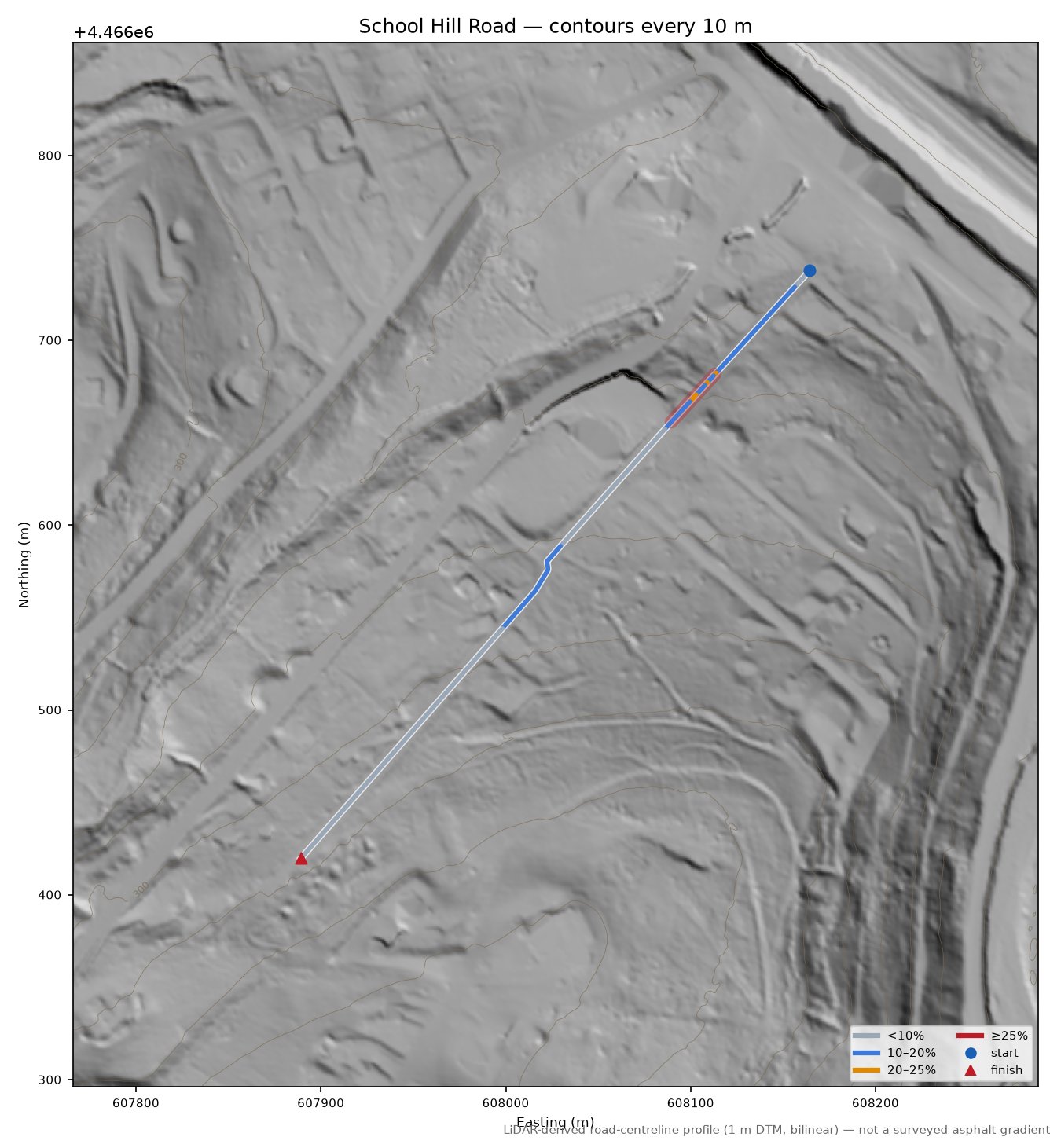 School Hill Road LiDAR hillshade map with contours
