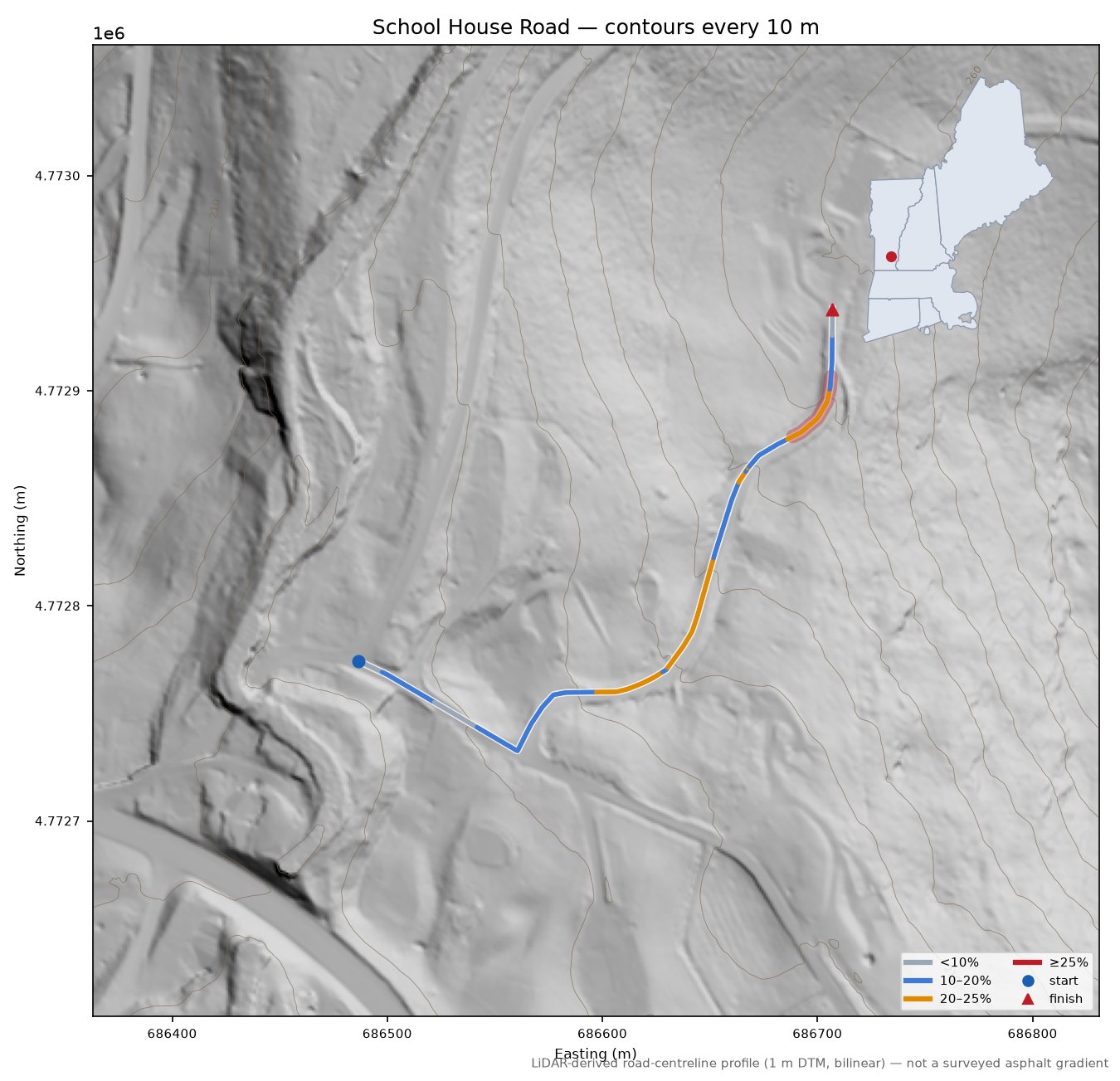 School House Road LiDAR hillshade map with contours