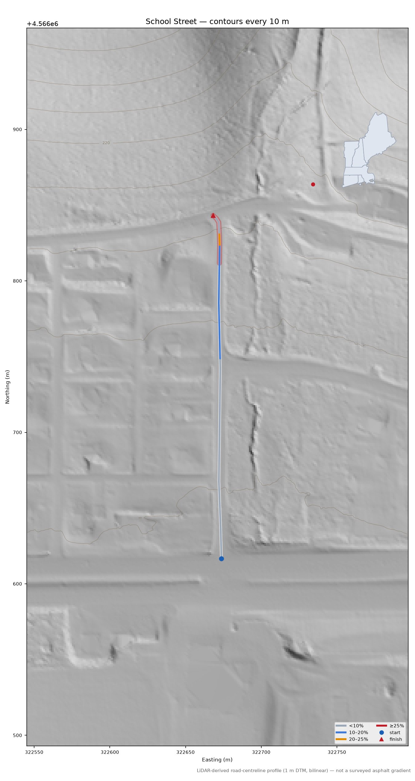 School Street LiDAR hillshade map with contours