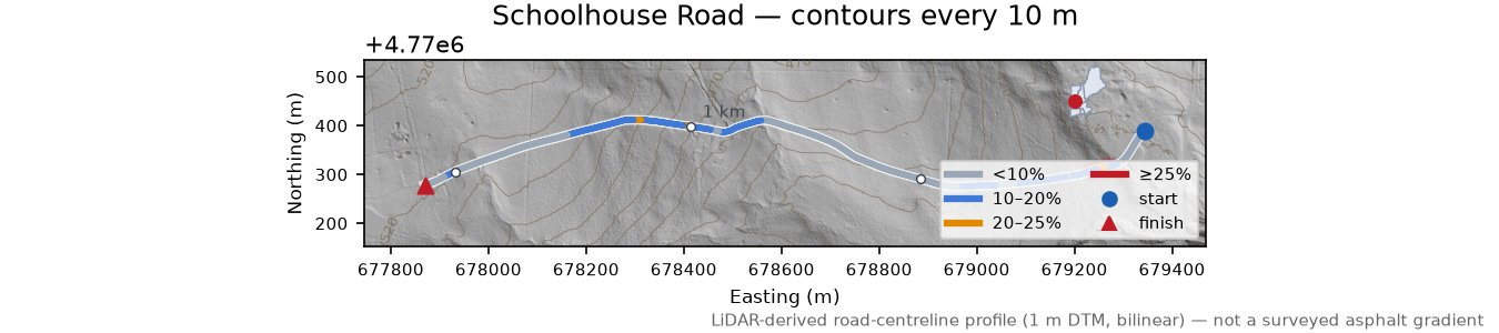Schoolhouse Road LiDAR hillshade map with contours