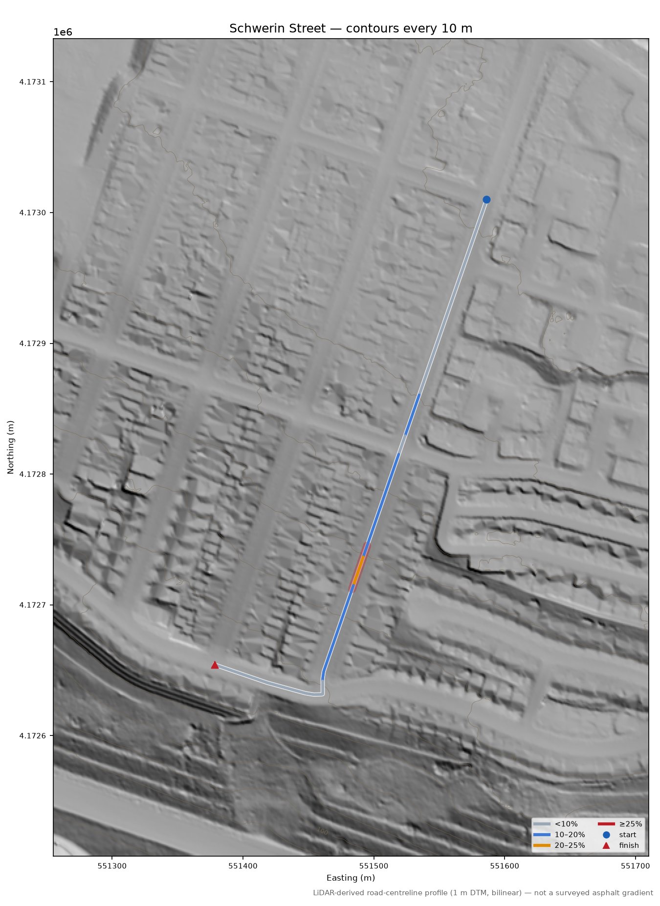 Schwerin Street LiDAR hillshade map with contours