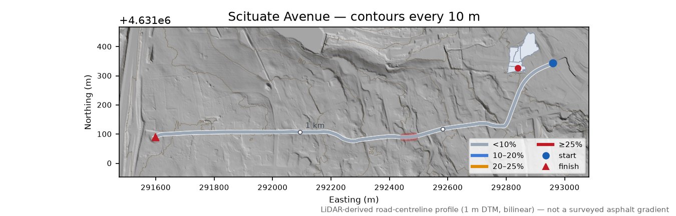 Scituate Avenue LiDAR hillshade map with contours