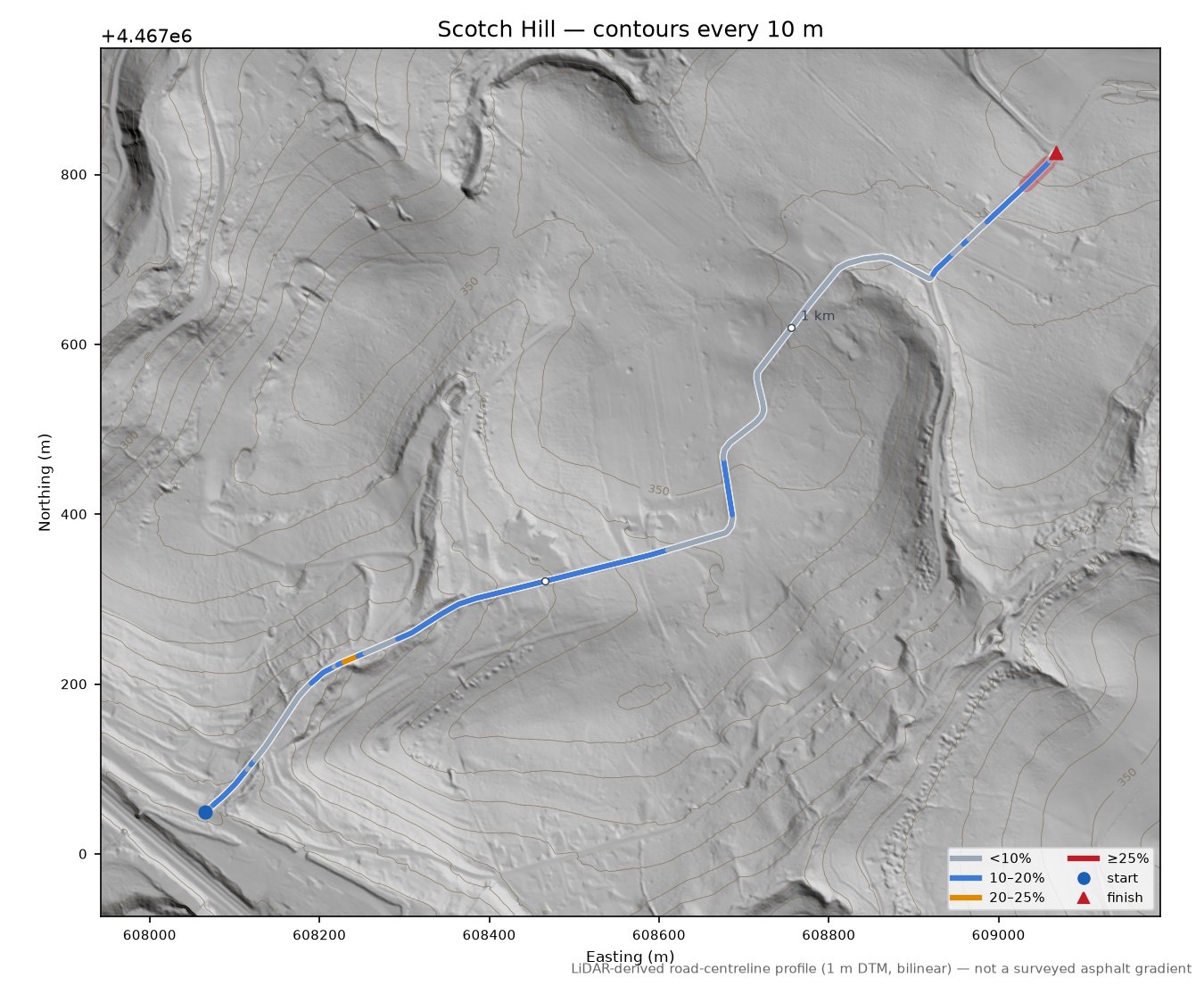 Scotch Hill LiDAR hillshade map with contours