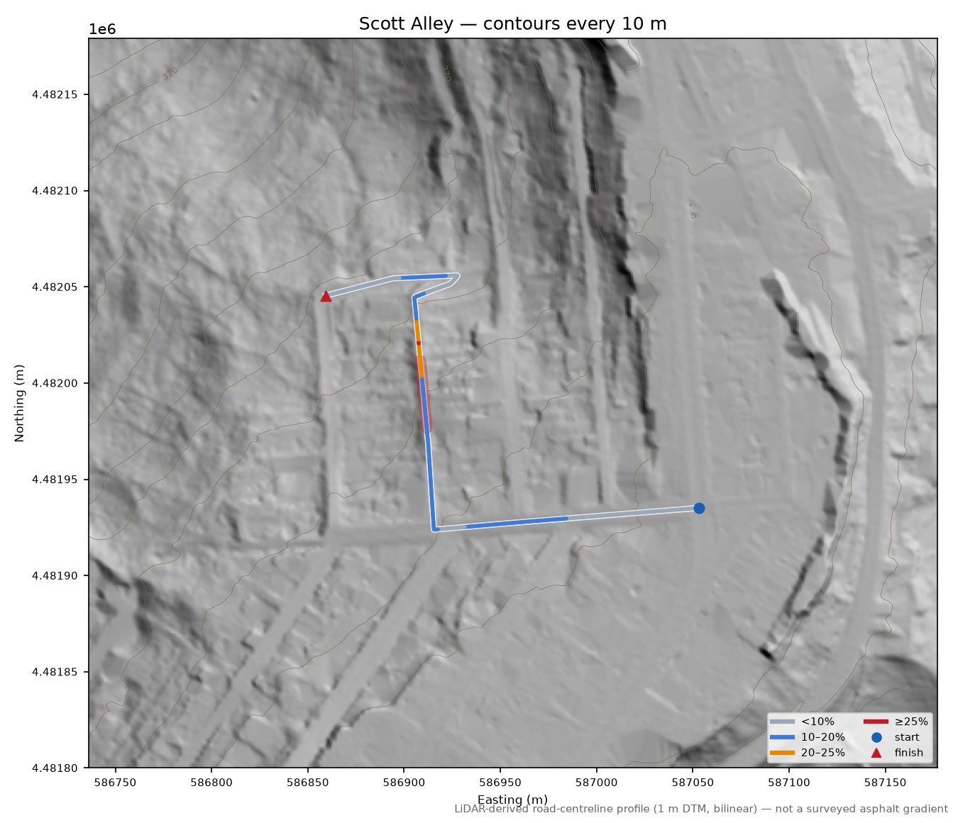 Scott Alley LiDAR hillshade map with contours