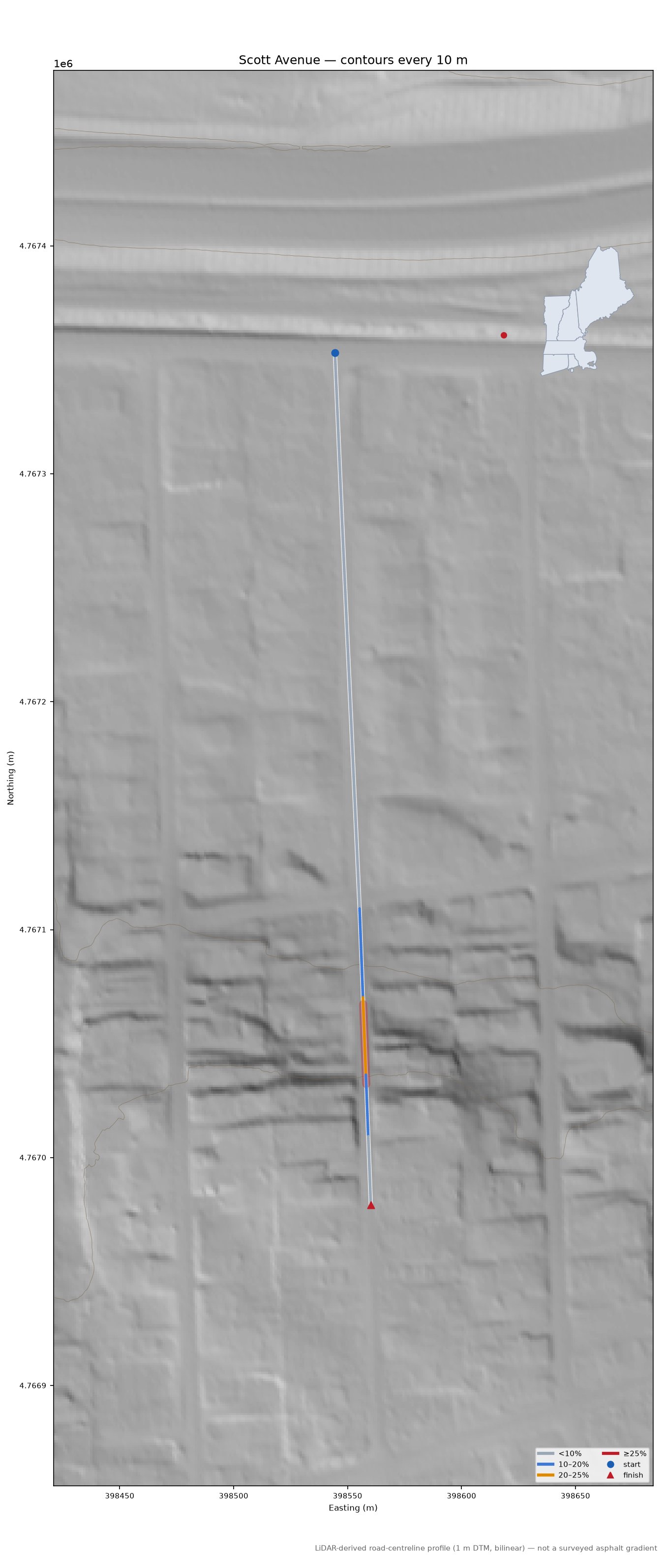 Scott Avenue LiDAR hillshade map with contours