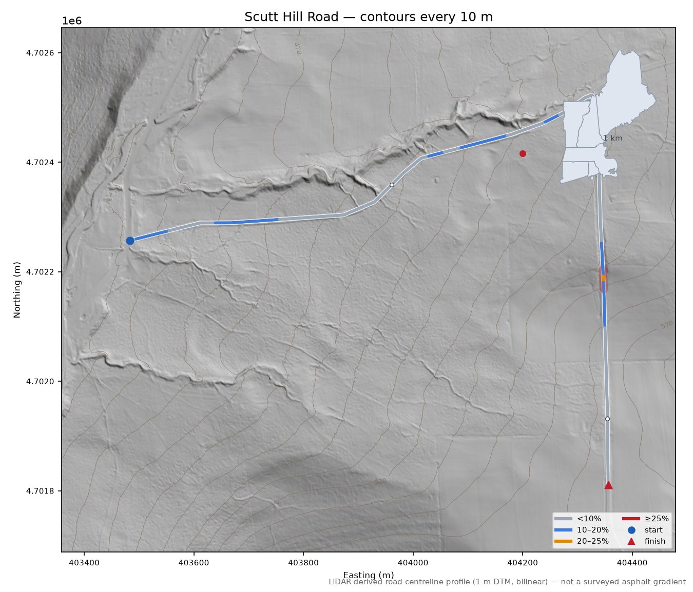 Scutt Hill Road LiDAR hillshade map with contours