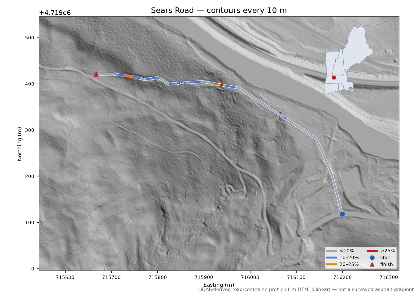 Sears Road LiDAR hillshade map with contours