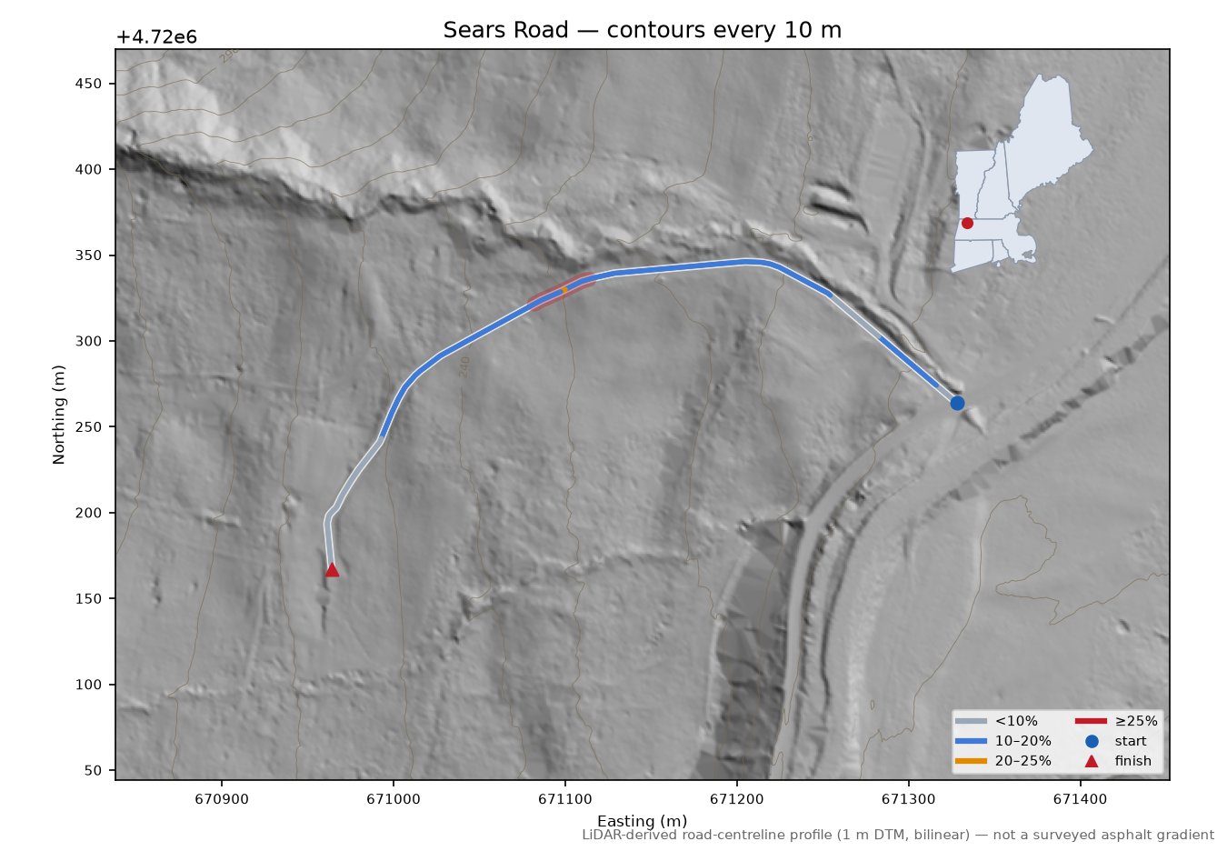 Sears Road LiDAR hillshade map with contours