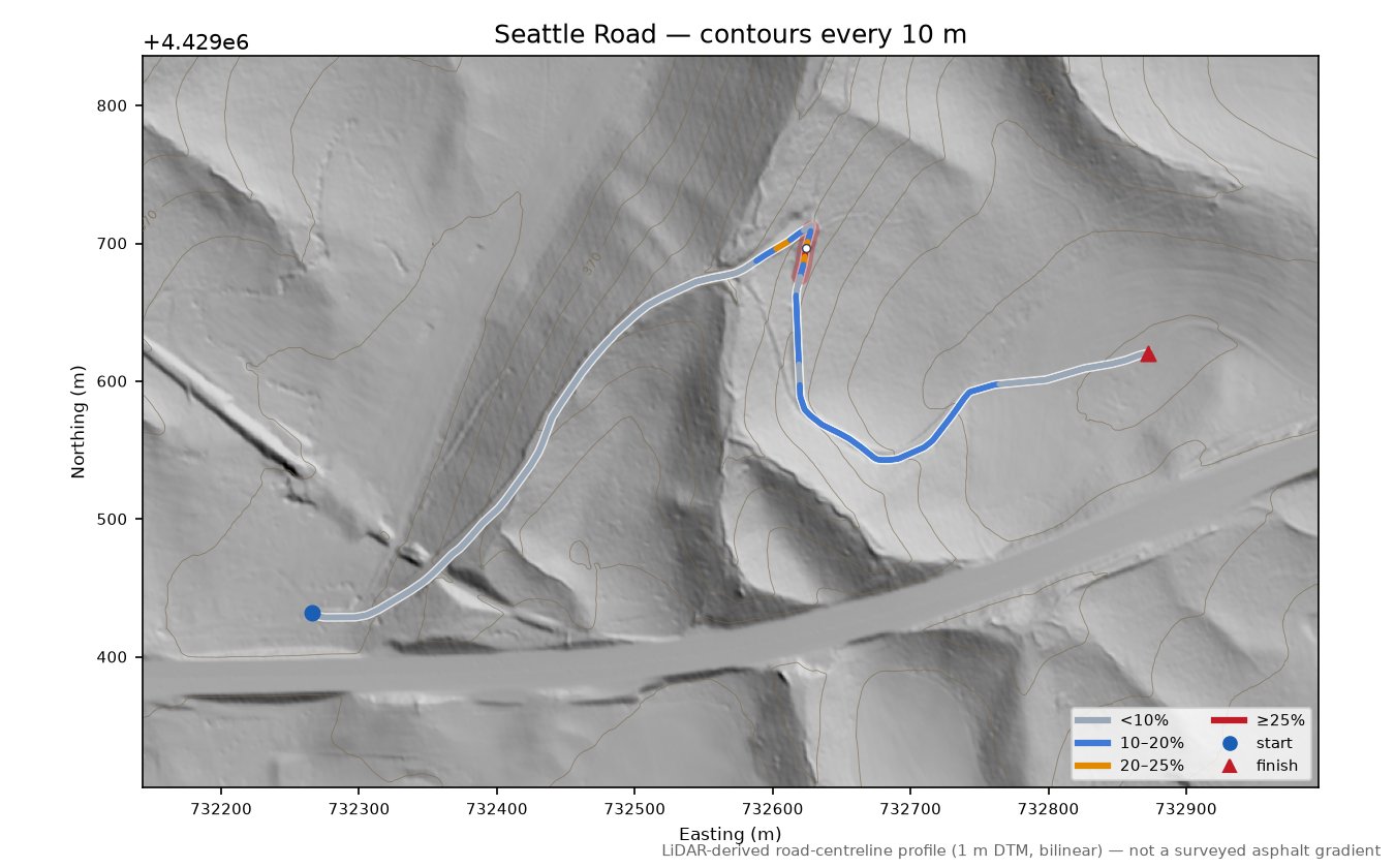 Seattle Road LiDAR hillshade map with contours