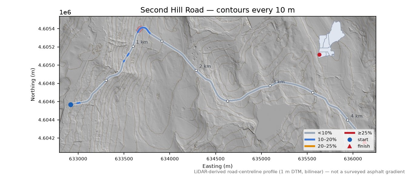 Second Hill Road LiDAR hillshade map with contours