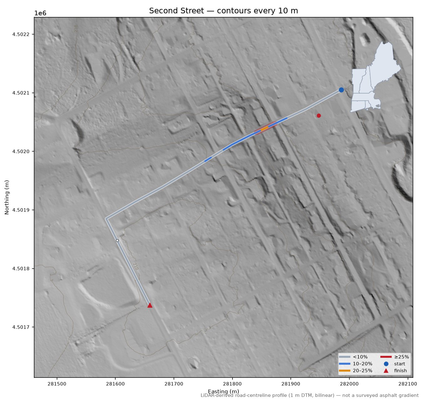 Second Street LiDAR hillshade map with contours