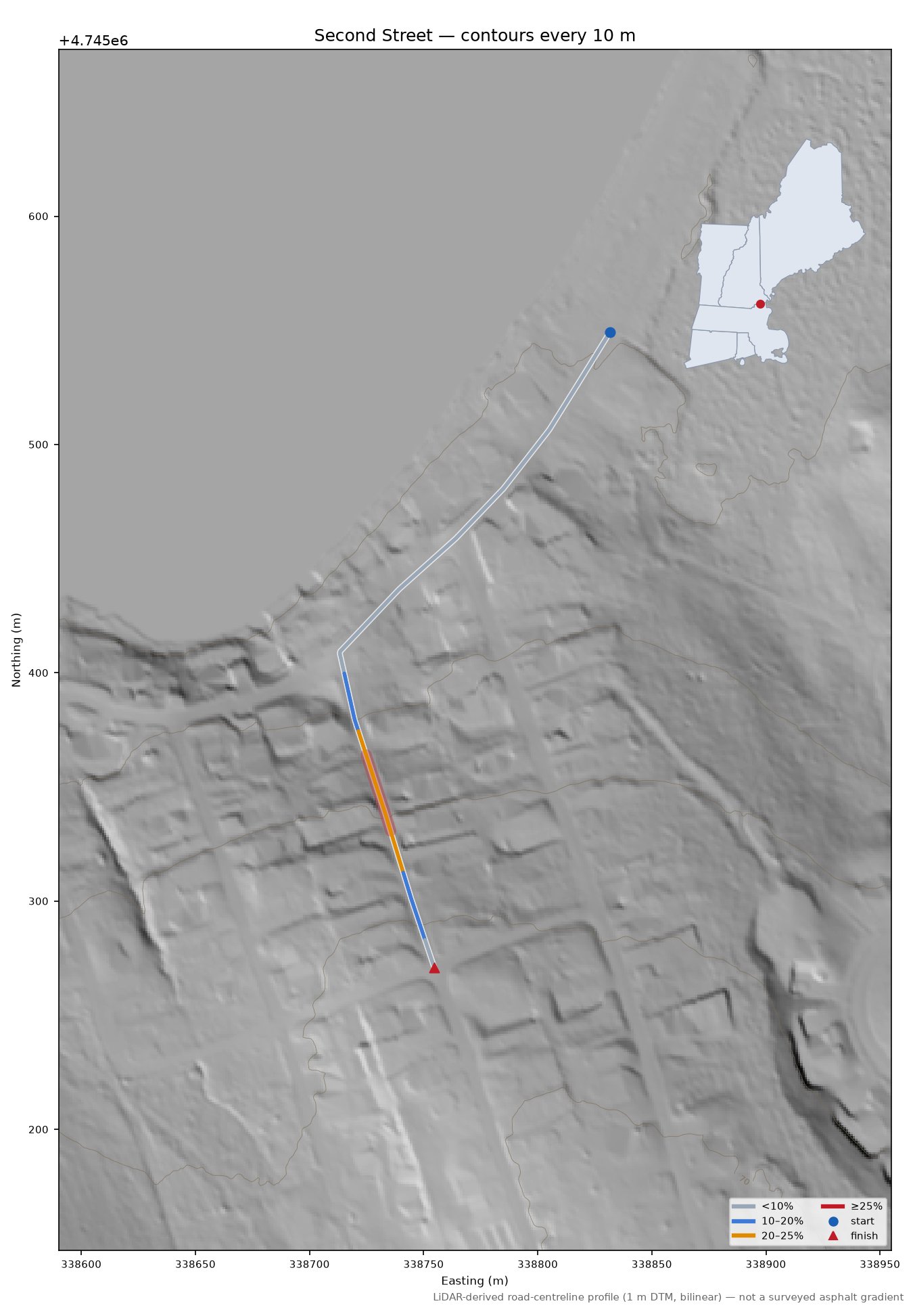 Second Street LiDAR hillshade map with contours