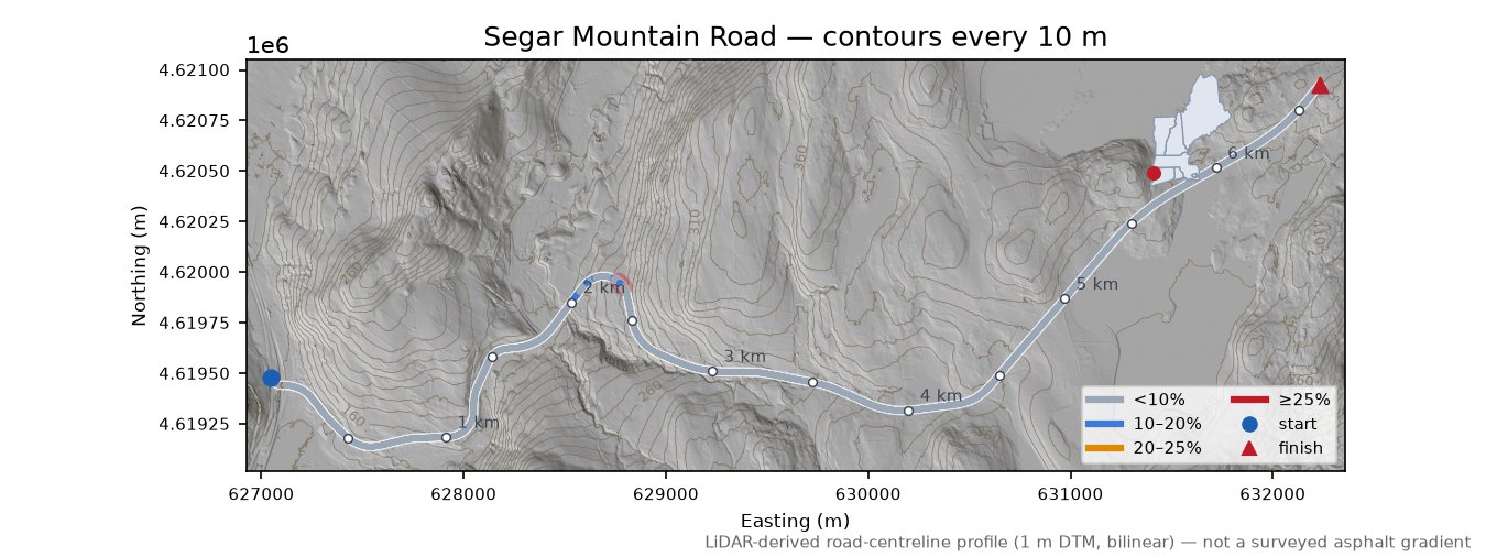 Segar Mountain Road LiDAR hillshade map with contours