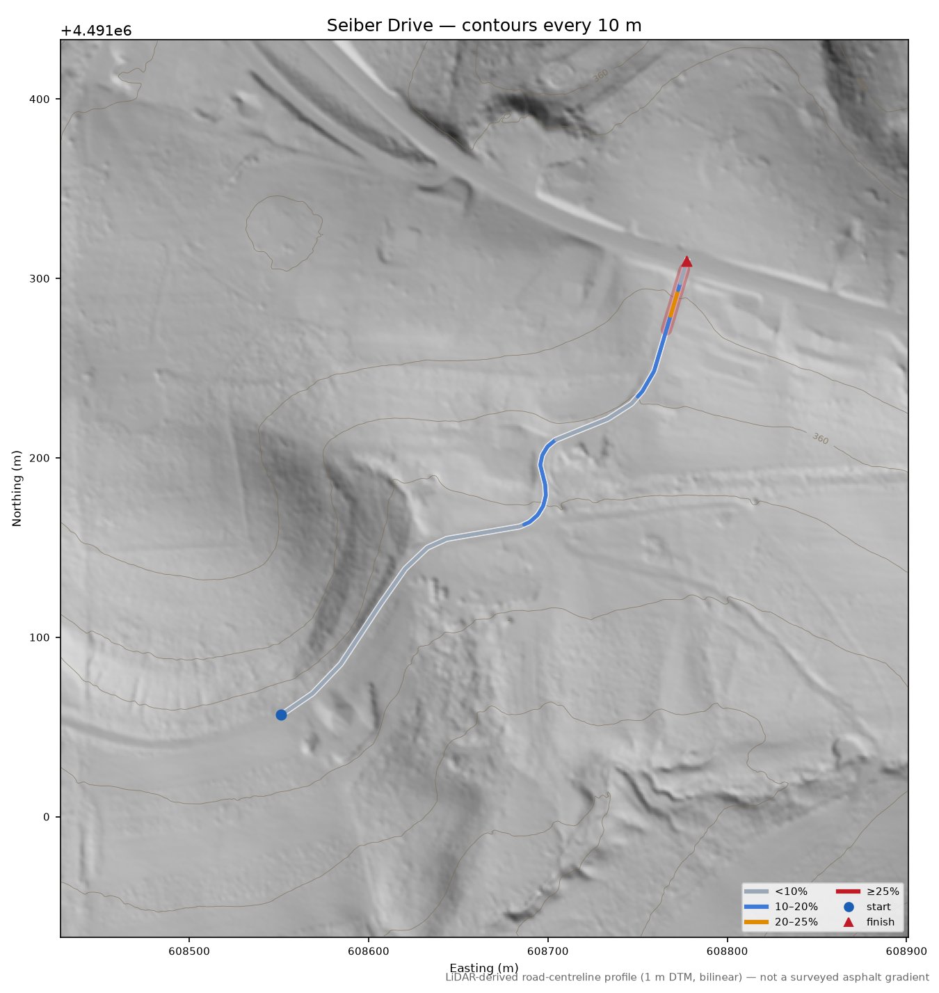 Seiber Drive LiDAR hillshade map with contours