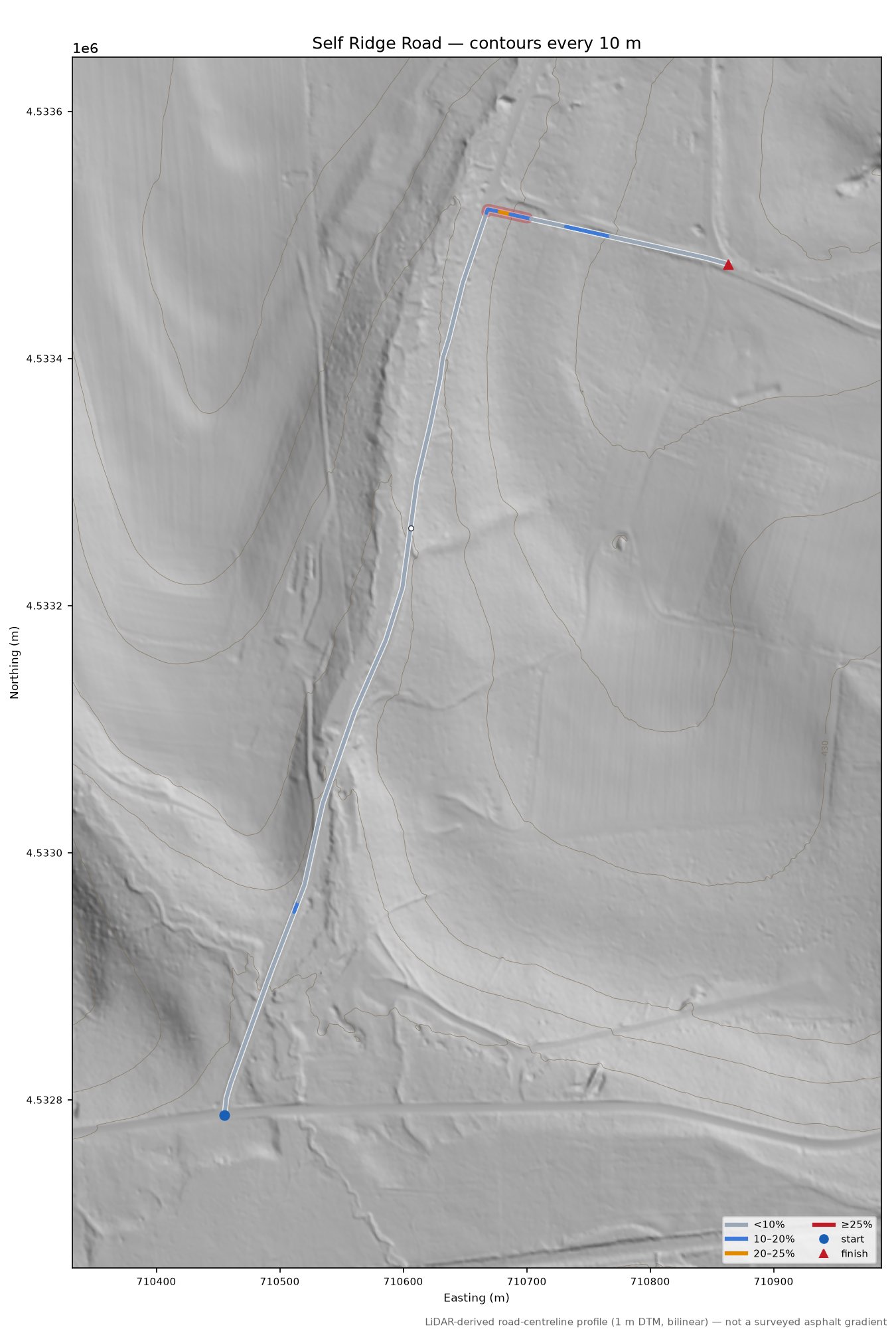 Self Ridge Road LiDAR hillshade map with contours
