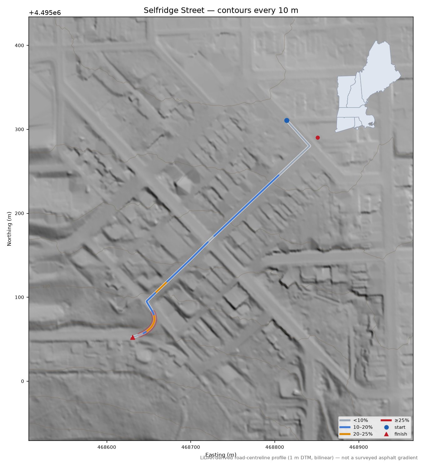 Selfridge Street LiDAR hillshade map with contours