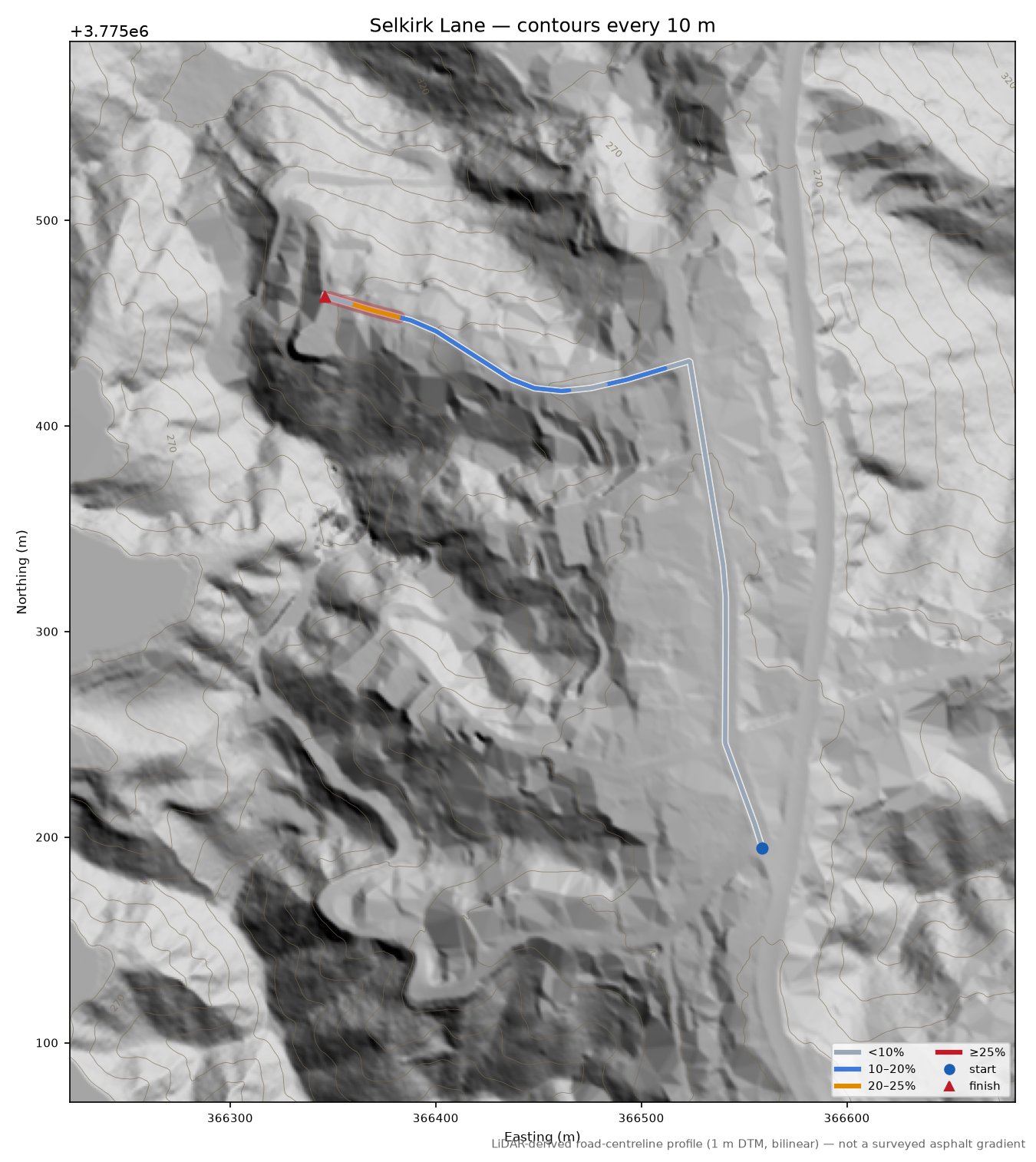 Selkirk Lane LiDAR hillshade map with contours