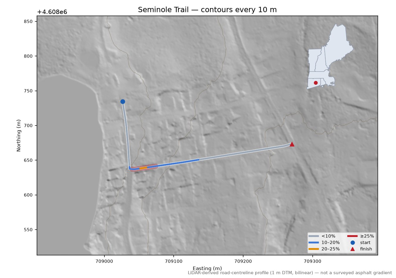 Seminole Trail LiDAR hillshade map with contours