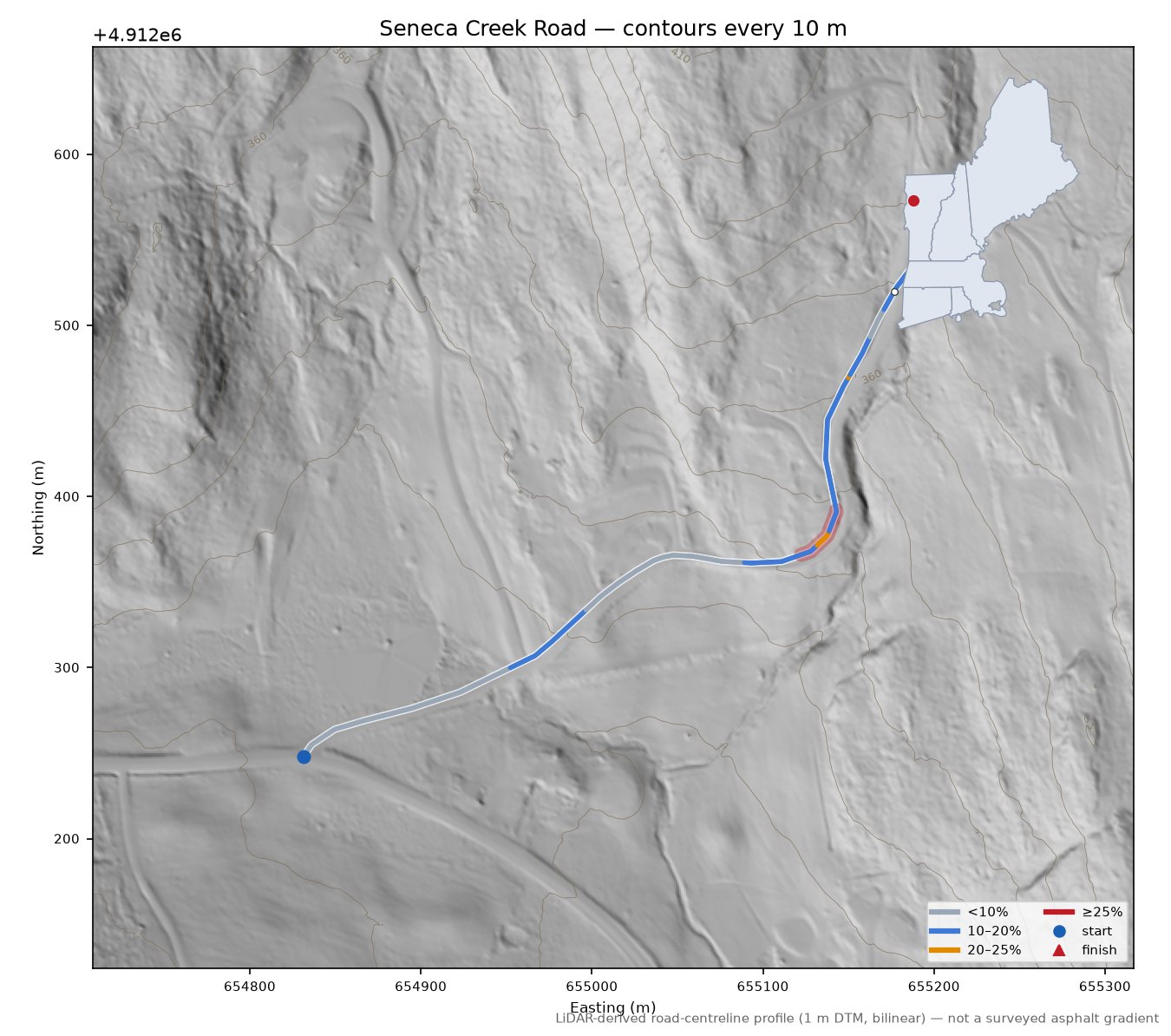 Seneca Creek Road LiDAR hillshade map with contours