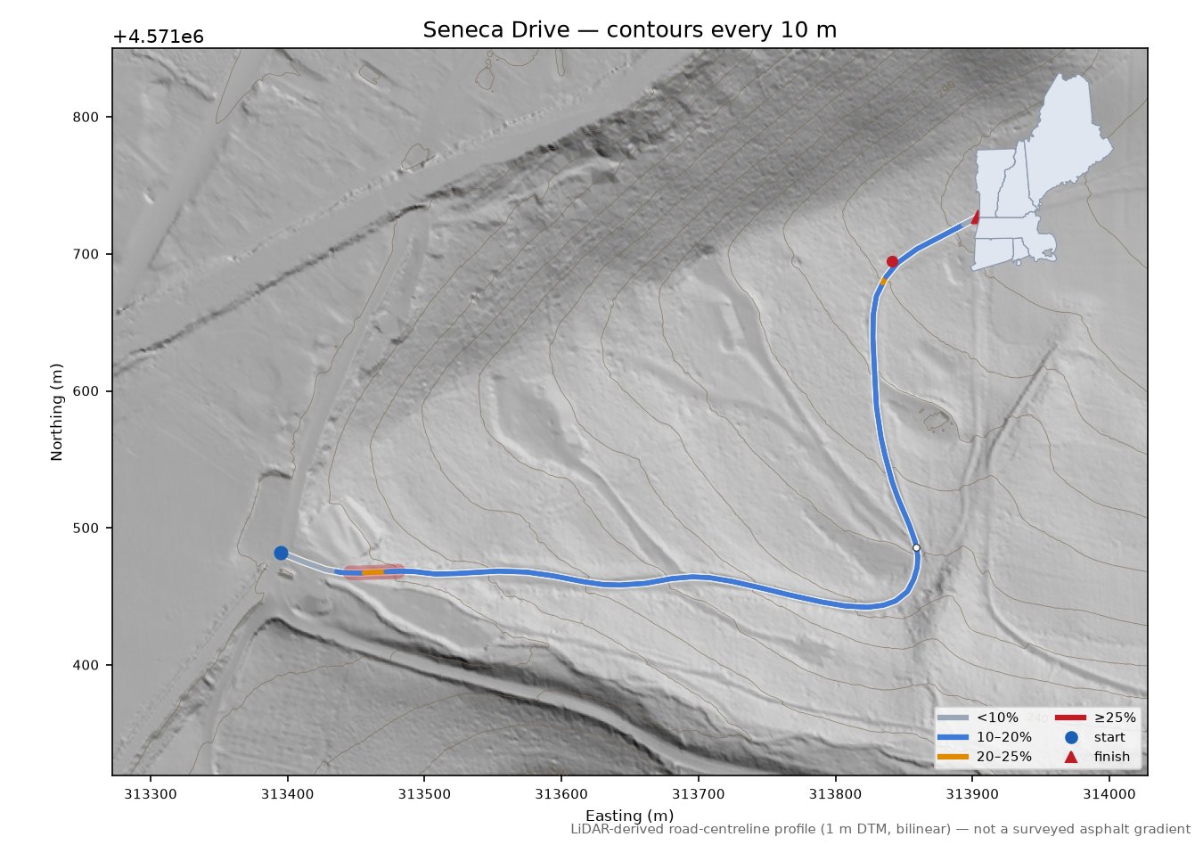 Seneca Drive LiDAR hillshade map with contours