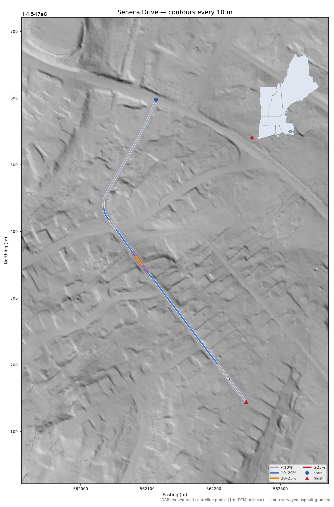 Seneca Drive LiDAR hillshade map with contours