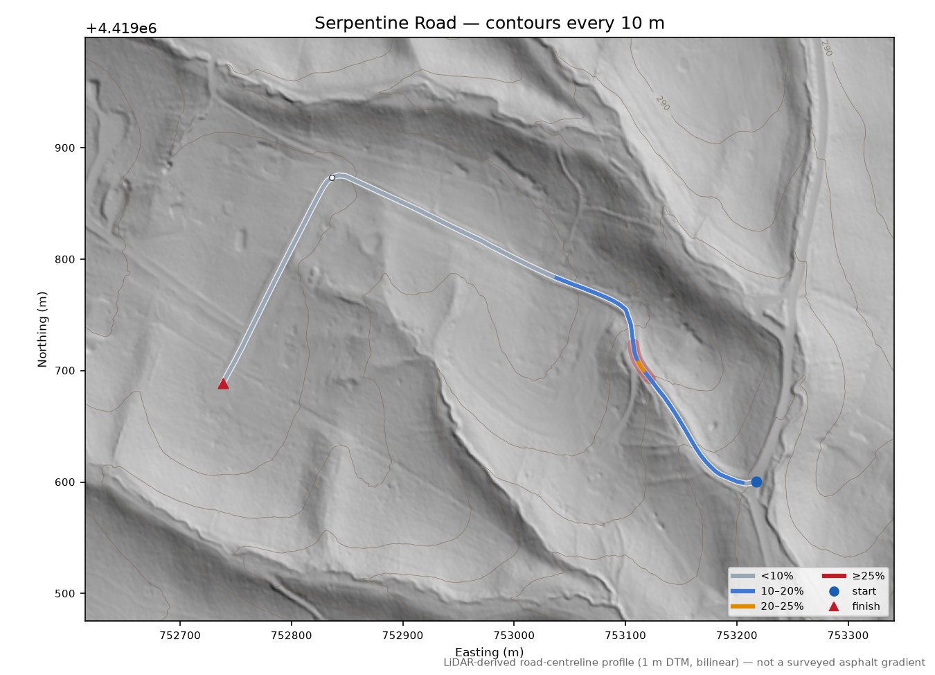 Serpentine Road LiDAR hillshade map with contours
