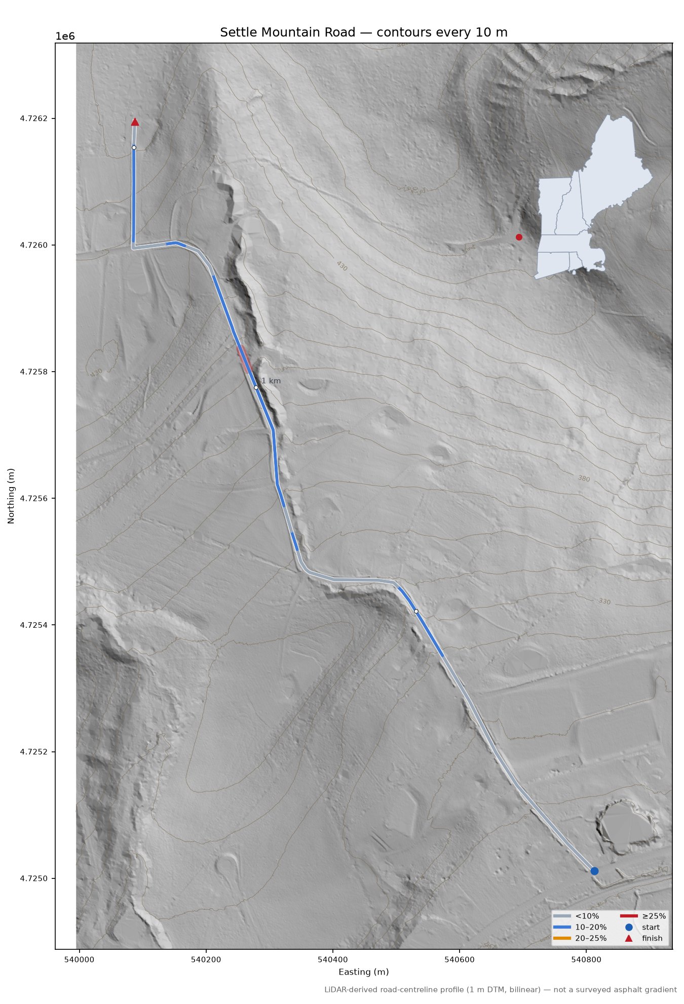 Settle Mountain Road LiDAR hillshade map with contours