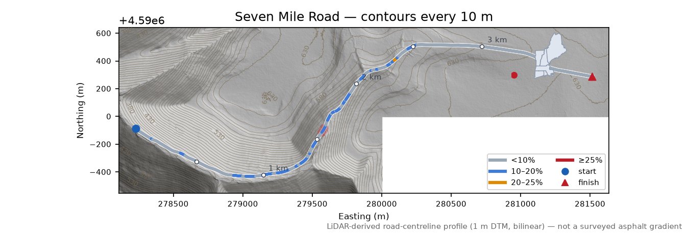 Seven Mile Road LiDAR hillshade map with contours