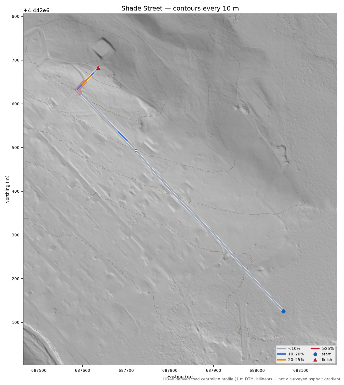 Shade Street LiDAR hillshade map with contours