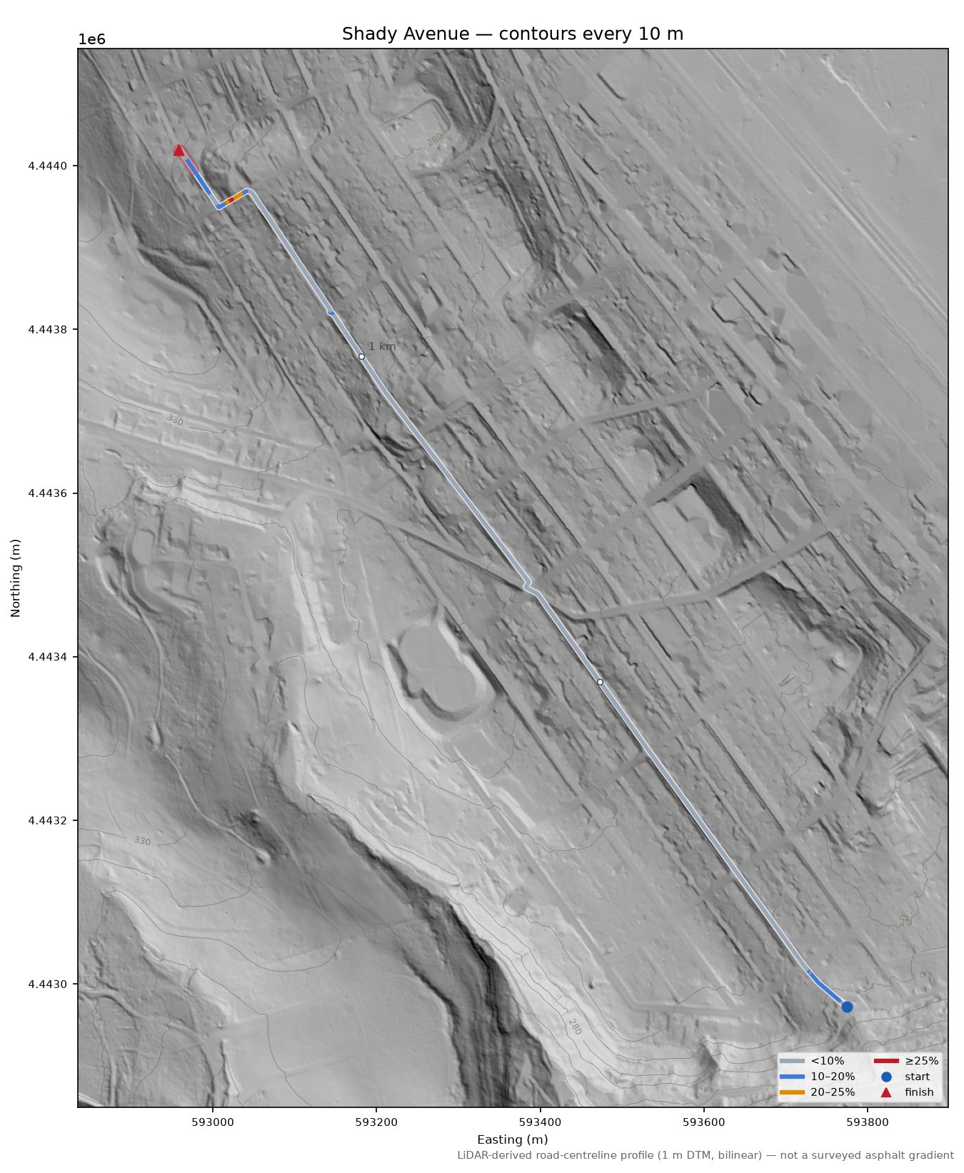 Shady Avenue LiDAR hillshade map with contours