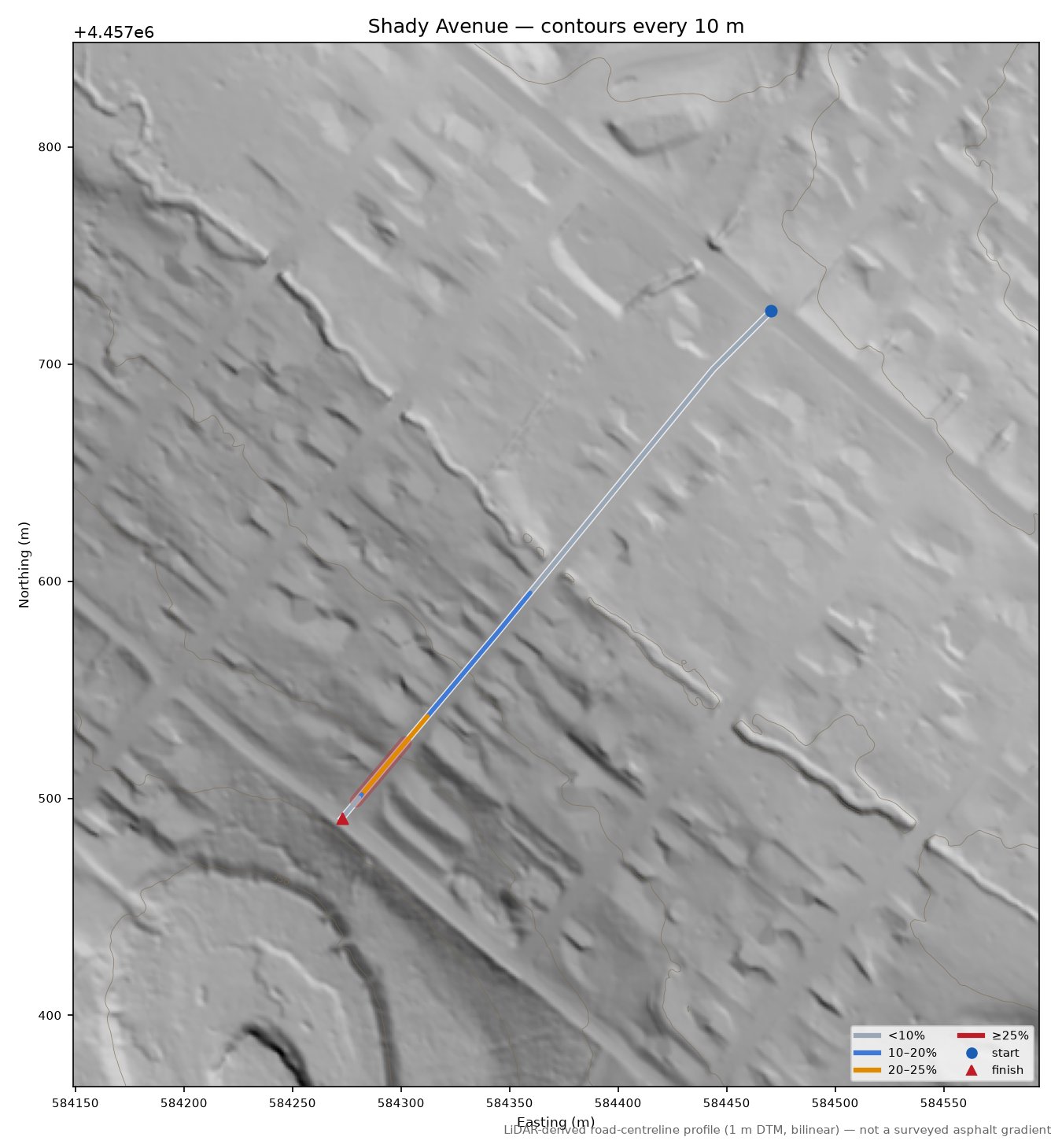 Shady Avenue LiDAR hillshade map with contours