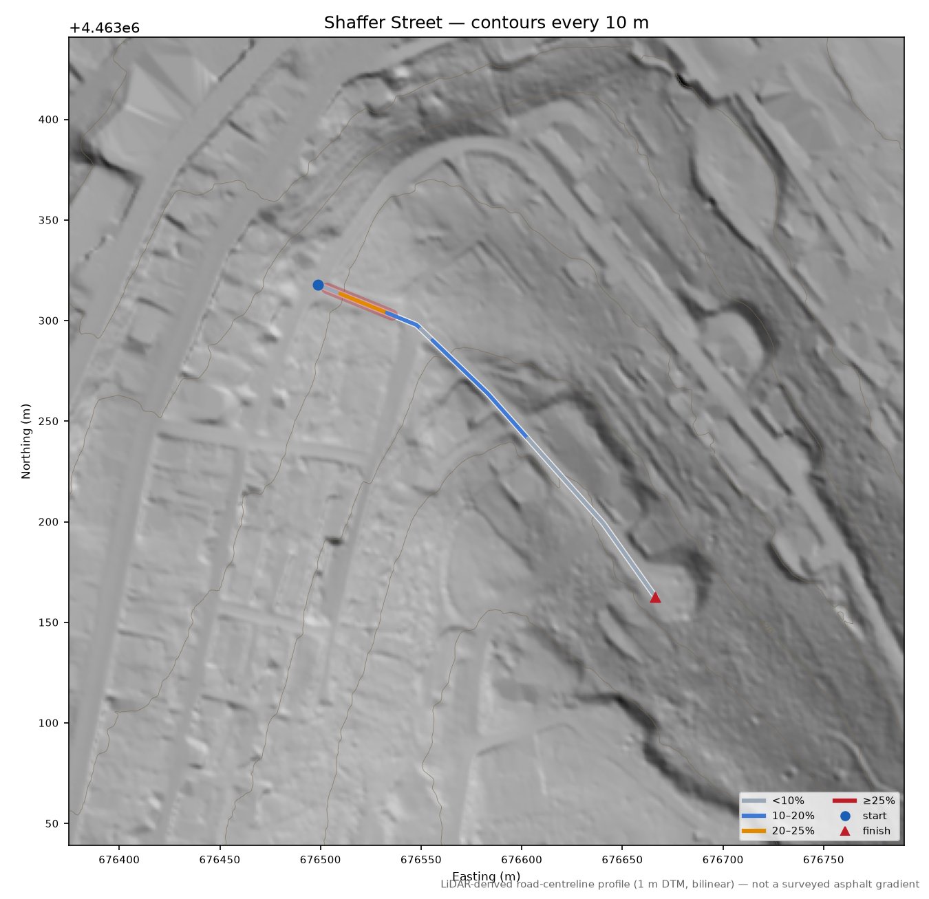 Shaffer Street LiDAR hillshade map with contours