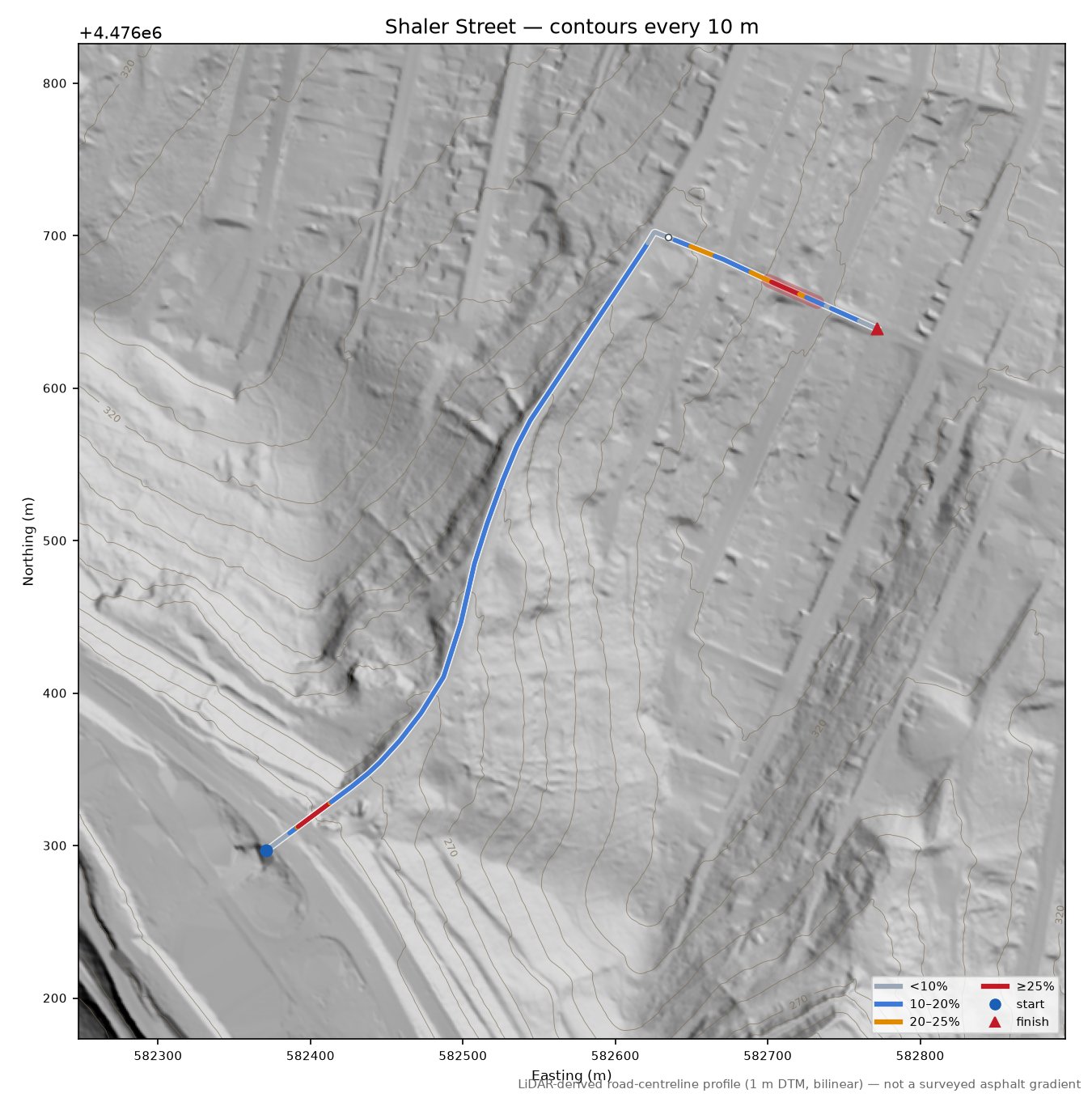 Shaler Street LiDAR hillshade map with contours