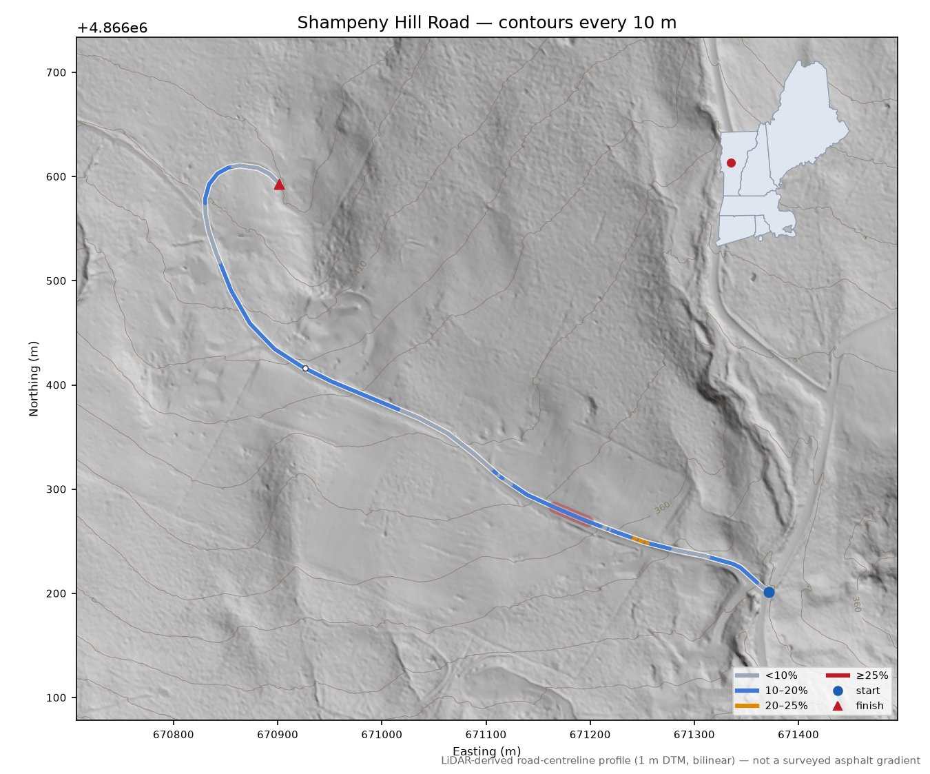 Shampeny Hill Road LiDAR hillshade map with contours
