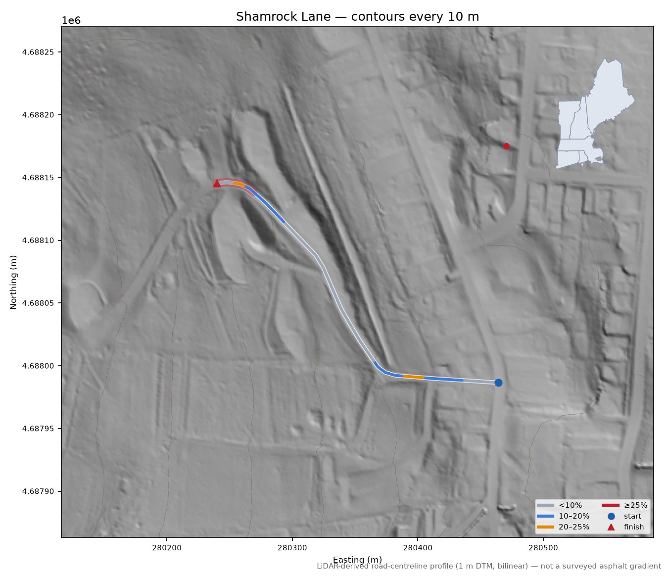 Shamrock Lane LiDAR hillshade map with contours