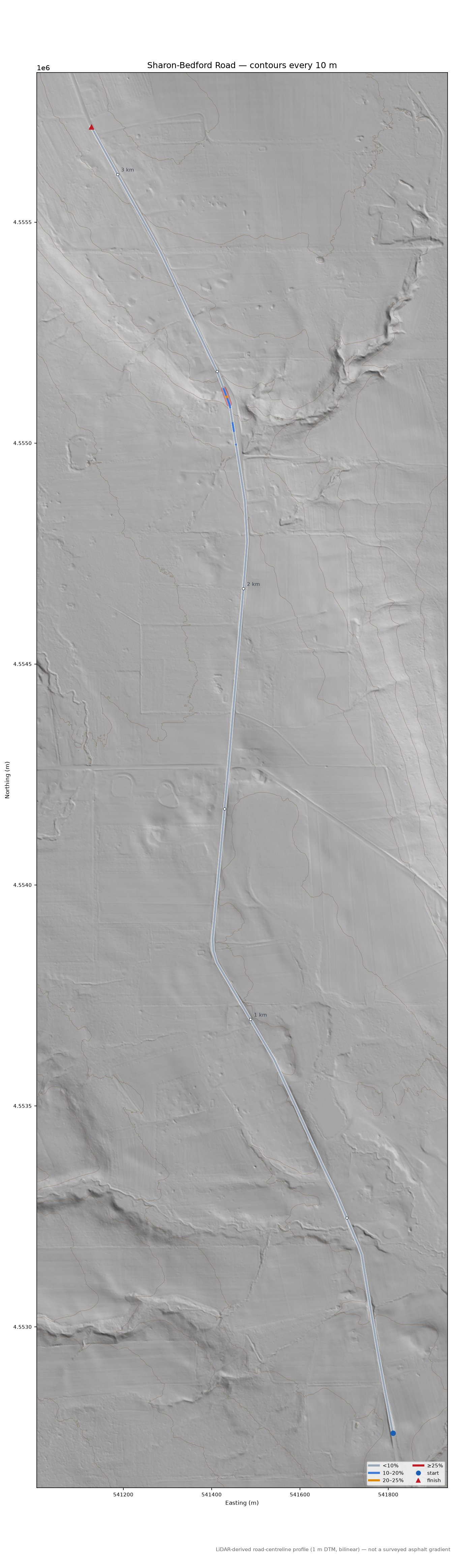 Sharon-Bedford Road LiDAR hillshade map with contours