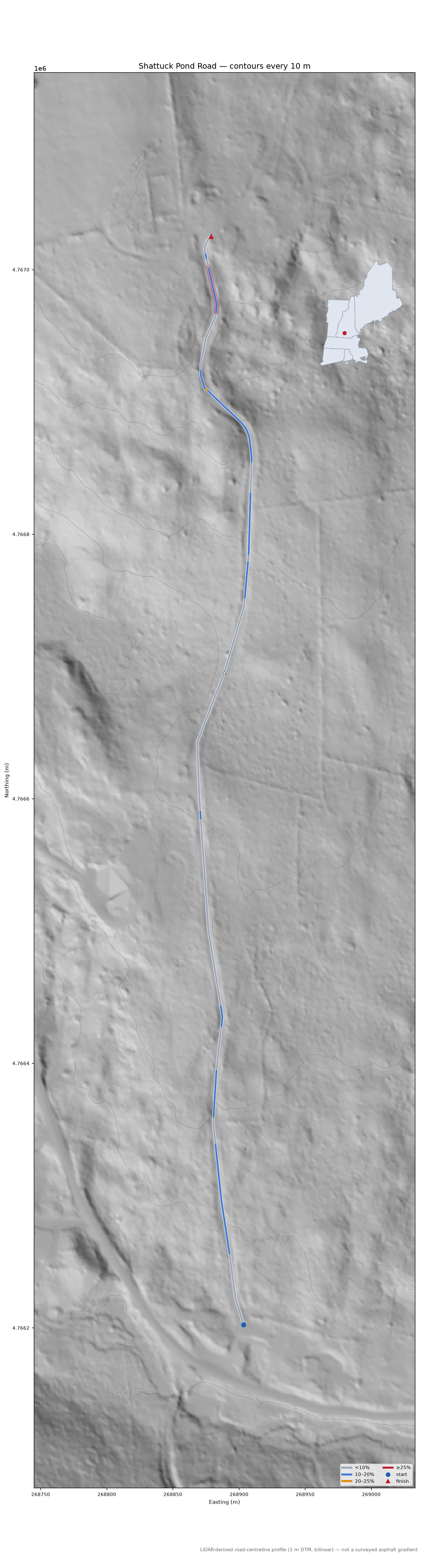 Shattuck Pond Road LiDAR hillshade map with contours