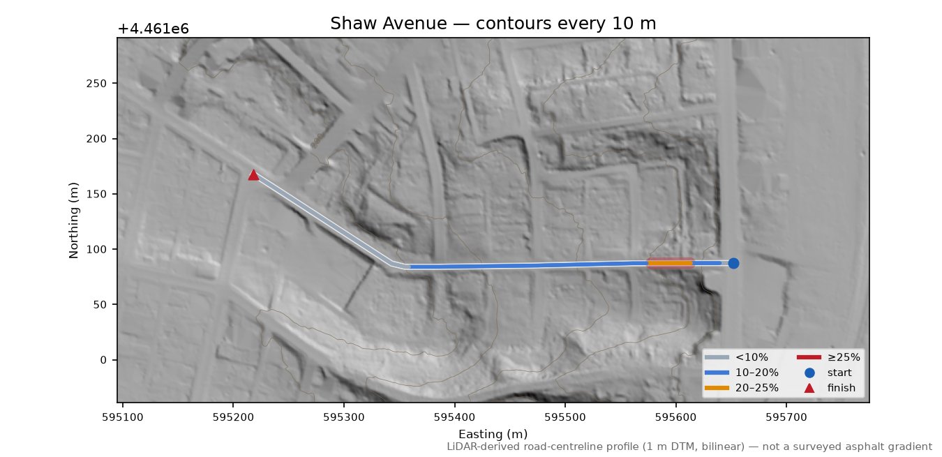 Shaw Avenue LiDAR hillshade map with contours