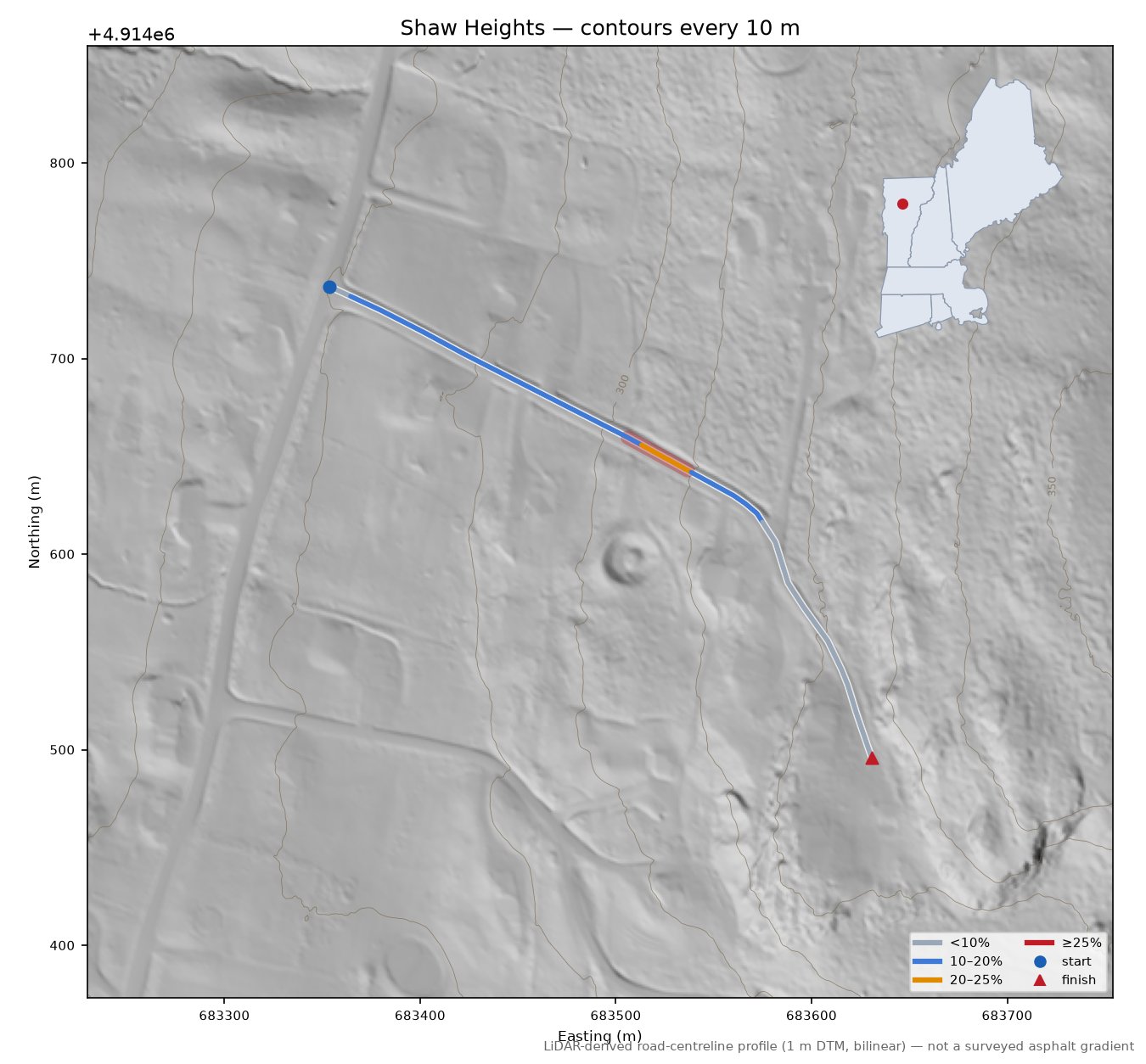 Shaw Heights LiDAR hillshade map with contours