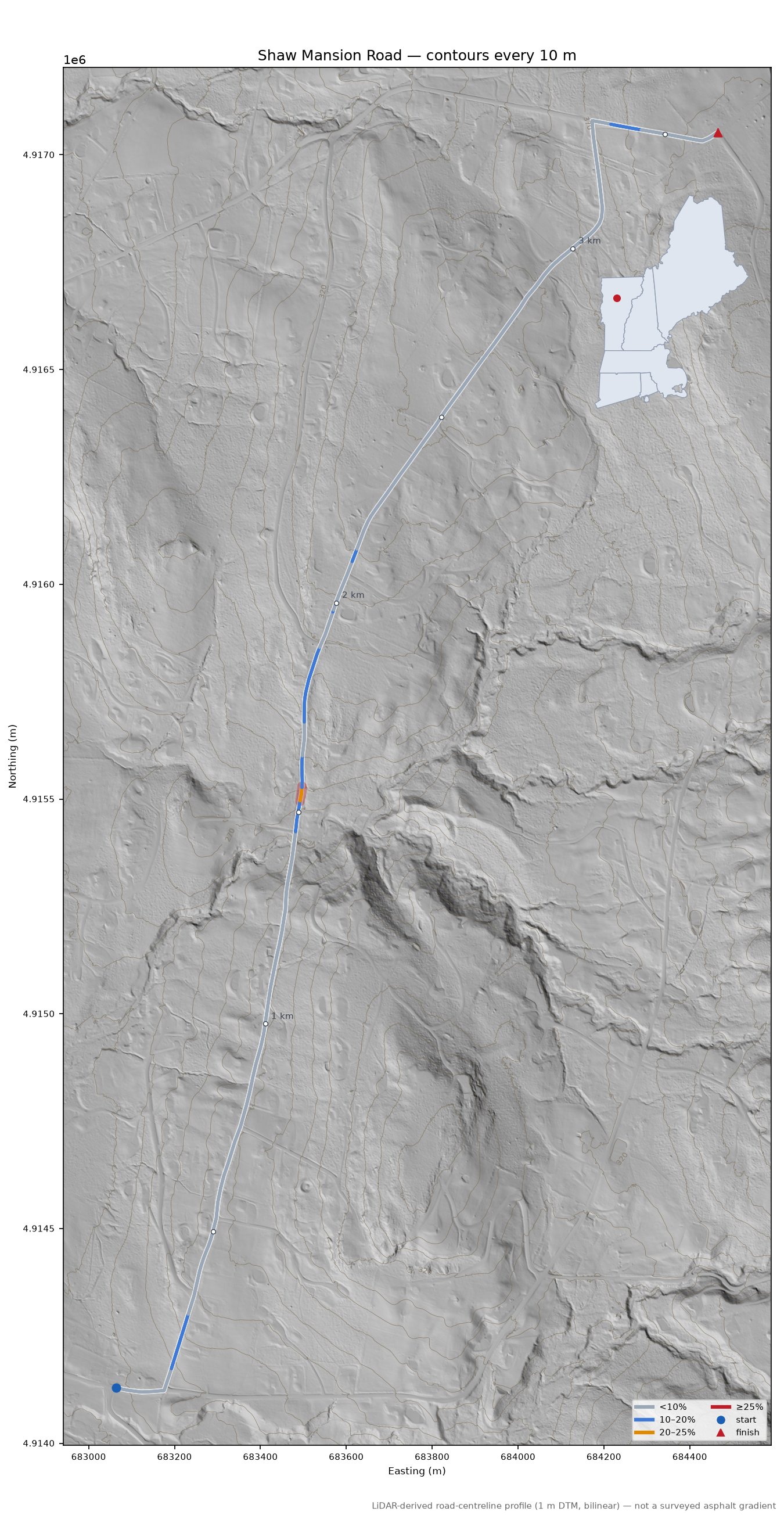 Shaw Mansion Road LiDAR hillshade map with contours