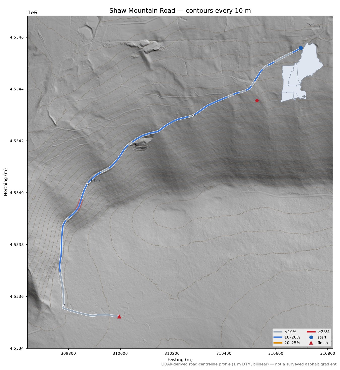 Shaw Mountain Road LiDAR hillshade map with contours