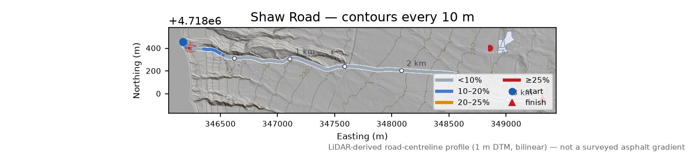 Shaw Road LiDAR hillshade map with contours