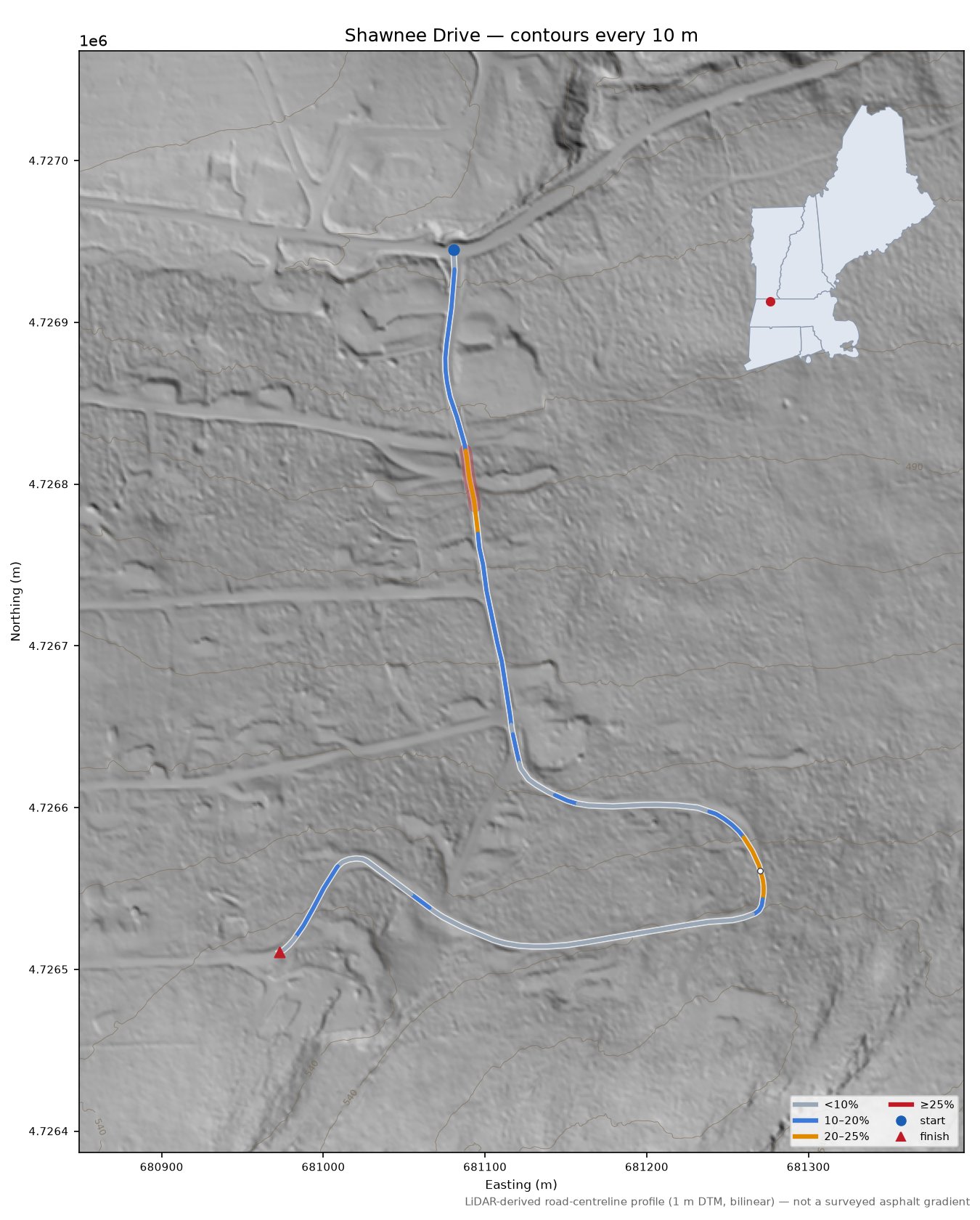 Shawnee Drive LiDAR hillshade map with contours