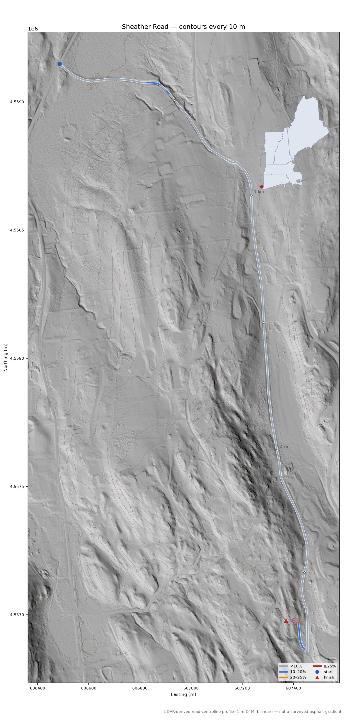 Sheather Road LiDAR hillshade map with contours
