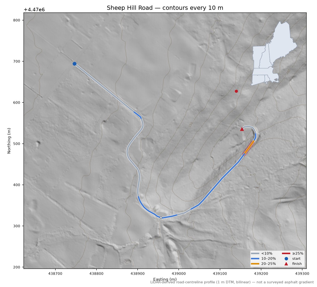 Sheep Hill Road LiDAR hillshade map with contours